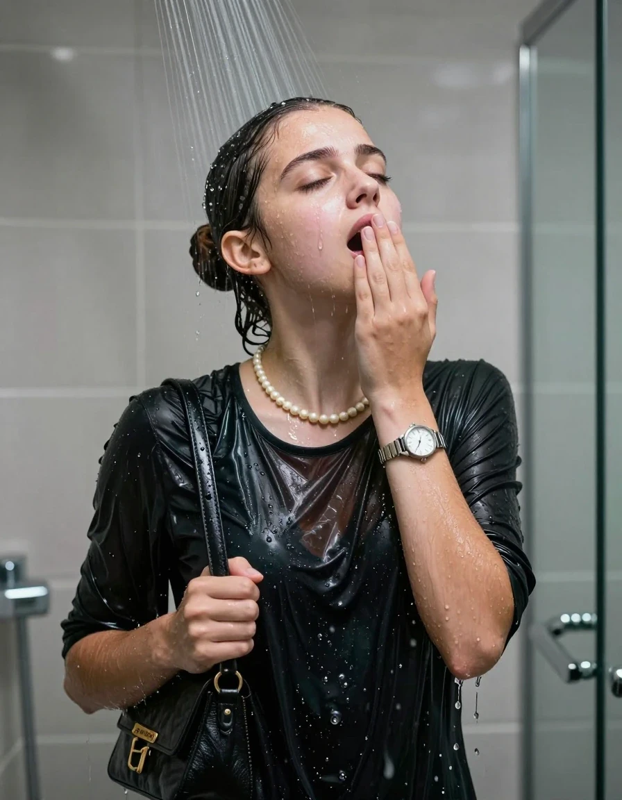 photo of young woman, in soaking wet, drenched clothes,
, , Smal black dress, handbag, pearl necklace, bracelet, wristwatch, Under the shower, strong jet of water, modern mirrored bathroom, 
enjoying, wet clothes stuck to body,
detailed textures of the wet clothes, wet face, wet plastered hair,
wet, drenched, professional, high-quality details, full body view.
sharp focus, ultra-high pixel detail, realistic, high-quality, full colors, incredibly detailed, 4k, 8k, 16k, hyper-realistic, RAW photo, masterpiece, ultra-detailed, professionally color graded, professional photograph, Topknot

15 years old  teenage girl

Only head and shoulders are over the surface visible. Open mouth, closed eyes. Looking up. Hold her hand on her mouth.

she is completely underwater up to her neck, afraid and astonished expression. 

her submerged clothes are hardly vusible under water, she soaked her handbag into the water

close up view, wet skin, wet clothes, wet hair, damp fabric, water runs down the clothes, wet skin, wet clothes, damp fabric., wet skin, wet clothes, damp fabric, wet skin, wet clothes, damp fabric, wet skin, wet clothes, damp fabric, wet skin, wet clothes, damp fabric, wet skin, wet clothes, damp fabric, wet skin, wet clothes, damp fabric, wet skin, wet clothes, damp fabric