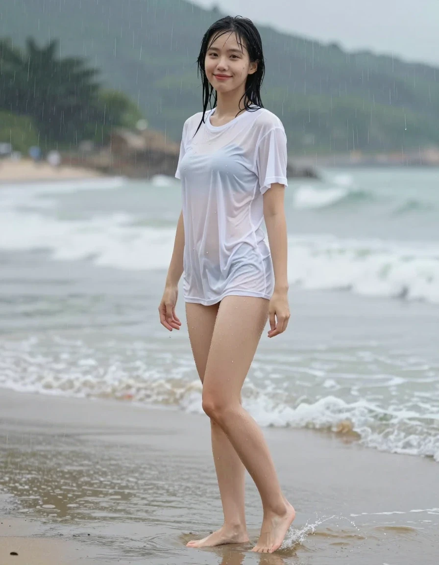 photo of young woman, in soaking wet, drenched clothes,
Barefoot, Beach in the rain, 
enjoying, wet clothes stuck to body,
detailed textures of the wet clothes, wet face, wet plastered hair,
wet, drenched, professional, high-quality details, full body view.
sharp focus, ultra-high pixel detail, realistic, high-quality, full colors, incredibly detailed, 4k, 8k, 16k, hyper-realistic, RAW photo, masterpiece, ultra-detailed, professionally color graded, professional photograph, A cery skinny cute and petite Asian woman, 21 in age, standing in a white t shirt. You can see her butt, smiling at the camera, wet skin, wet clothes, damp fabric
