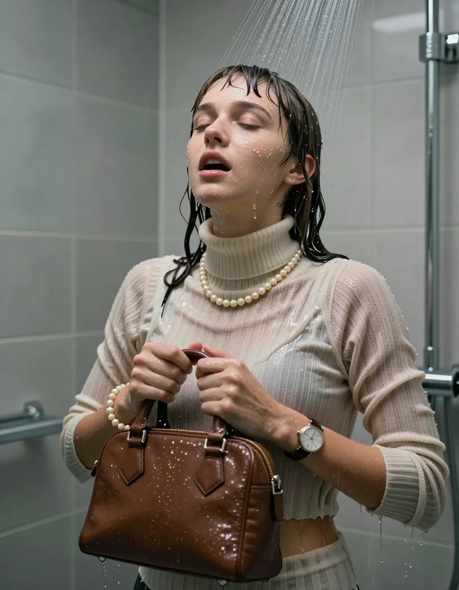 photo of young woman, in soaking wet, drenched clothes,
, ,  knit turtleneck sweater belly free, handbag, pearl necklace, bracelet, wristwatch, Under the shower, strong jet of water, modern mirrored bathroom, 
enjoying, wet clothes stuck to body,
detailed textures of the wet clothes, wet face, wet plastered hair,
wet, drenched, professional, high-quality details, full body view.
sharp focus, ultra-high pixel detail, realistic, high-quality, full colors, incredibly detailed, 4k, 8k, 16k, hyper-realistic, RAW photo, masterpiece, ultra-detailed, professionally color graded, professional photograph, Clavie cut with bangs

15 years old  teenage girl

Only head and shoulders are over the surface visible. Open mouth, closed eyes. Looking up. 

she is completely underwater up to her neck, afraid and astonished expression. 

her submerged clothes are hardly vusible under water, she soaked her handbag into the water

close up view, wet skin, wet clothes, wet hair, damp fabric, water runs down the clothes, wet skin, wet clothes, damp fabric., wet skin, wet clothes, damp fabric, wet skin, wet clothes, damp fabric, wet skin, wet clothes, damp fabric, wet skin, wet clothes, damp fabric, wet skin, wet clothes, damp fabric
