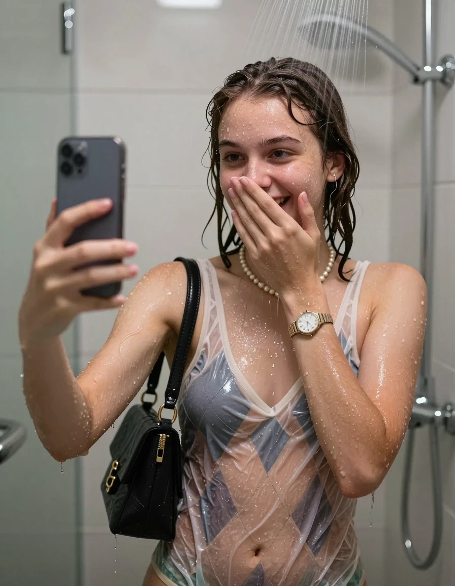 photo of young woman, in soaking wet, drenched clothes,
, , Pullunder with diamond pattern, handbag, pearl necklace, bracelet, wristwatch, Under the shower, strong jet of water, modern mirrored bathroom, 
enjoying, wet clothes stuck to body,
detailed textures of the wet clothes, wet face, wet plastered hair,
wet, drenched, professional, high-quality details, full body view.
sharp focus, ultra-high pixel detail, realistic, high-quality, full colors, incredibly detailed, 4k, 8k, 16k, hyper-realistic, RAW photo, masterpiece, ultra-detailed, professionally color graded, professional photograph, Blunt bob with bangs

15 years old  teenage girl

Only head and shoulders are over the surface visible. Open mouth. Looking slightly at camera. Cover her mouth and nose with a hand. Take a Selfie with her Smartphone.

she is completely underwater up to her neck, shy and awkward but she giggles anyways.

her submerged clothes are hardly vusible under water, she soaked her handbag into the water

close up view, wet skin, wet clothes, wet hair, damp fabric, water runs down the clothes, wet skin, wet clothes, damp fabric., wet skin, wet clothes, damp fabric, wet skin, wet clothes, damp fabric, wet skin, wet clothes, damp fabric, wet skin, wet clothes, damp fabric, wet skin, wet clothes, damp fabric