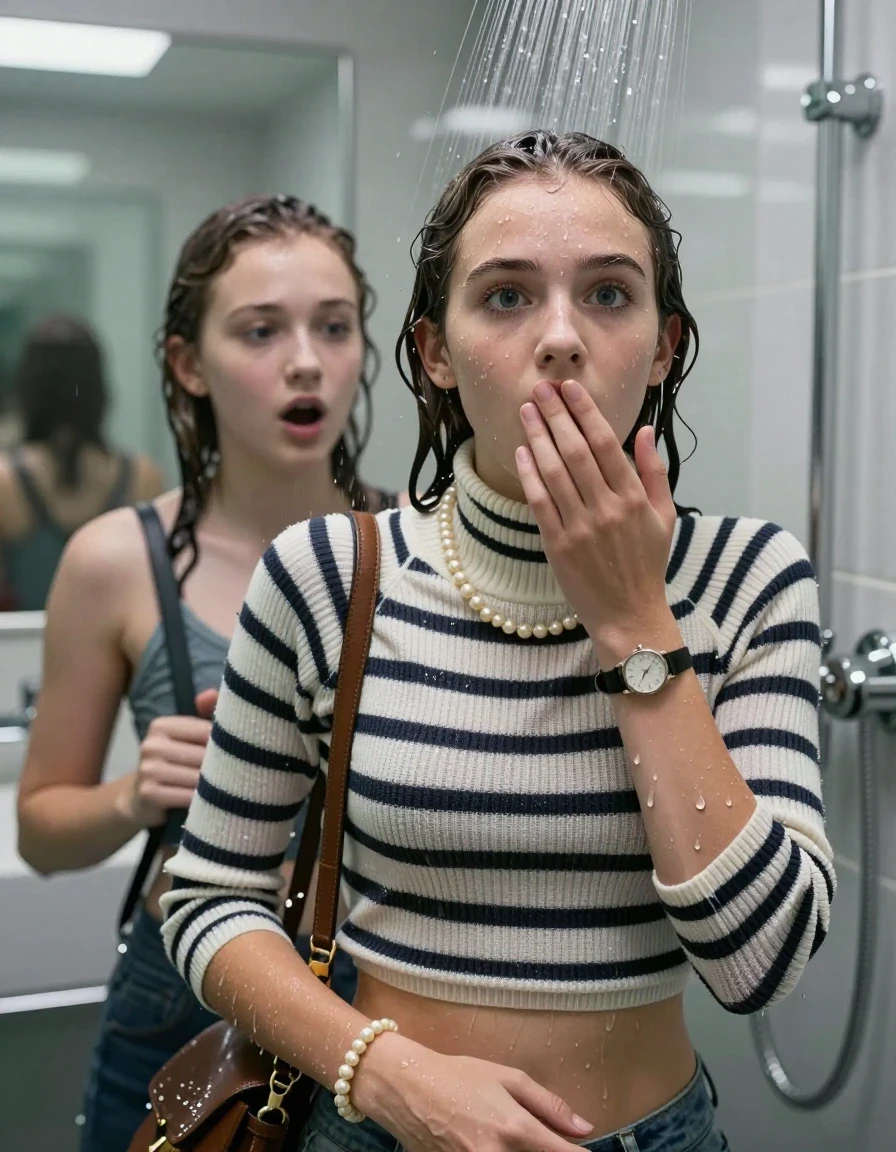photo of young woman, in soaking wet, drenched clothes,
, , Tight Striped knit turtleneck sweater belly free, handbag, pearl necklace, bracelet, wristwatch, Under the shower, strong jet of water, modern mirrored bathroom, 
enjoying, wet clothes stuck to body,
detailed textures of the wet clothes, wet face, wet plastered hair,
wet, drenched, professional, high-quality details, full body view.
sharp focus, ultra-high pixel detail, realistic, high-quality, full colors, incredibly detailed, 4k, 8k, 16k, hyper-realistic, RAW photo, masterpiece, ultra-detailed, professionally color graded, professional photograph, Collarbone bob

Two 15 years old  teenage girl

Only head and shoulders are over the surface visible. Open mouth, big eyes. Looking at camera. Hold a hand on her mouth.

she is completely underwater up to her neck, afraid and astonished expression. 

her submerged clothes are hardly vusible under water, she soaked her handbag into the water

close up view, wet skin, wet clothes, wet hair, damp fabric, water runs down the clothes, wet skin, wet clothes, damp fabric., wet skin, wet clothes, damp fabric, wet skin, wet clothes, damp fabric, wet skin, wet clothes, damp fabric, wet skin, wet clothes, damp fabric, wet skin, wet clothes, damp fabric, wet skin, wet clothes, damp fabric, wet skin, wet clothes, damp fabric