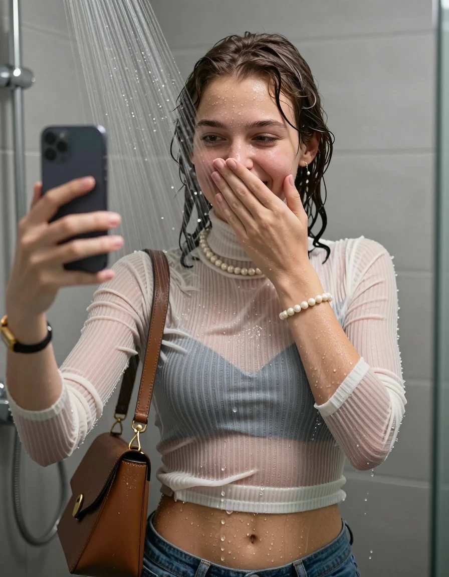photo of young woman, in soaking wet, drenched clothes,
, ,  tight striped knit turtleneck sweater belly free, handbag, pearl necklace, bracelet, wristwatch, Under the shower, strong jet of water, modern mirrored bathroom, 
enjoying, wet clothes stuck to body,
detailed textures of the wet clothes, wet face, wet plastered hair,
wet, drenched, professional, high-quality details, full body view.
sharp focus, ultra-high pixel detail, realistic, high-quality, full colors, incredibly detailed, 4k, 8k, 16k, hyper-realistic, RAW photo, masterpiece, ultra-detailed, professionally color graded, professional photograph, Blunt bob with bangs

15 years old  teenage girl

Only head and shoulders are over the surface visible. Open mouth. Looking slightly at camera. Cover her mouth and nose with a hand. Take a Selfie with her Smartphone.

she is completely underwater up to her neck, shy and awkward but she giggles anyways.

her submerged clothes are hardly vusible under water, she soaked her handbag into the water

close up view, wet skin, wet clothes, wet hair, damp fabric, water runs down the clothes, wet skin, wet clothes, damp fabric., wet skin, wet clothes, damp fabric, wet skin, wet clothes, damp fabric, wet skin, wet clothes, damp fabric, wet skin, wet clothes, damp fabric, wet skin, wet clothes, damp fabric