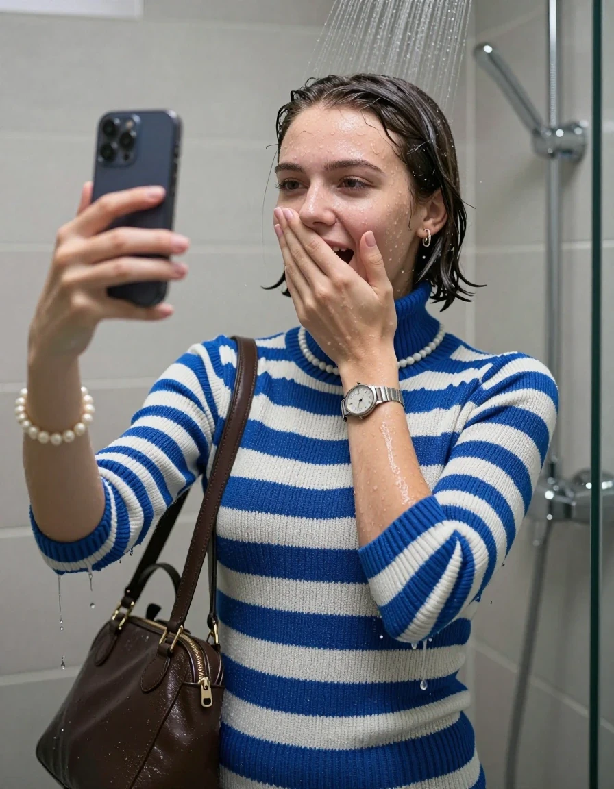 photo of young woman, in soaking wet, drenched clothes,
, ,  tight blue and white striped knit turtleneck sweater belly free, handbag, pearl necklace, bracelet, wristwatch, Under the shower, strong jet of water, modern mirrored bathroom, 
enjoying, wet clothes stuck to body,
detailed textures of the wet clothes, wet face, wet plastered hair,
wet, drenched, professional, high-quality details, full body view.
sharp focus, ultra-high pixel detail, realistic, high-quality, full colors, incredibly detailed, 4k, 8k, 16k, hyper-realistic, RAW photo, masterpiece, ultra-detailed, professionally color graded, professional photograph, Blunt bob 

15 years old  teenage girl

Only head and shoulders are over the surface visible. Open mouth. Looking slightly at camera. Cover her mouth and nose with a hand. Take a Selfie with her Smartphone.

she is completely underwater up to her neck, shy and awkward but she giggles anyways.

her submerged clothes are hardly vusible under water, she soaked her handbag into the water

close up view, wet skin, wet clothes, wet hair, damp fabric, water runs down the clothes, wet skin, wet clothes, damp fabric., wet skin, wet clothes, damp fabric, wet skin, wet clothes, damp fabric, wet skin, wet clothes, damp fabric, wet skin, wet clothes, damp fabric