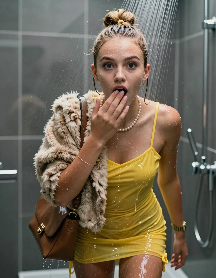 photo of young woman, in soaking wet, drenched clothes,
, , Fur jacket, Yellow mini Cocktail dress with Spaghetti Straps , shoulderbag, pearl necklace, bracelet, wristwatch, Under the shower, strong jet of water, modern mirrored bathroom, 
enjoying, wet clothes stuck to body,
detailed textures of the wet clothes, wet face, wet plastered hair,
wet, drenched, professional, high-quality details, full body view.
sharp focus, ultra-high pixel detail, realistic, high-quality, full colors, incredibly detailed, 4k, 8k, 16k, hyper-realistic, RAW photo, masterpiece, ultra-detailed, professionally color graded, professional photograph, Blonde Topknot

15 years old  teenage girl

Only head and shoulders are over the surface visible. Open mouth, big eyes. Looking at Camera . Hold her hand on her mouth.

she is completely underwater up to her neck, surprised and astonished expression. 

her submerged clothes are hardly vusible under water, she soaked her handbag into the water

close up view, wet skin, wet clothes, wet hair, damp fabric, water runs down the clothes, wet skin, wet clothes, damp fabric., wet skin, wet clothes, damp fabric, wet skin, wet clothes, damp fabric, wet skin, wet clothes, damp fabric, wet skin, wet clothes, damp fabric, wet skin, wet clothes, damp fabric, wet skin, wet clothes, damp fabric, wet skin, wet clothes, damp fabric, wet skin, wet clothes, damp fabric