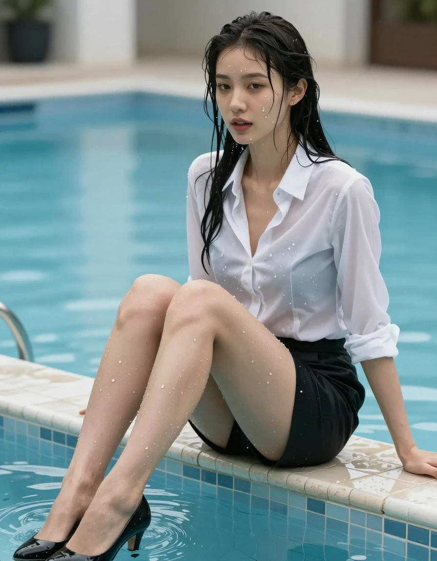 photo of young woman, in soaking wet, drenched clothes,
Heels, Stocking, Office wear blouse skirt, Pool, 
enjoying, wet clothes stuck to body,
detailed textures of the wet clothes, wet face, wet plastered hair,
wet, drenched, professional, high-quality details, full body view.
sharp focus, ultra-high pixel detail, realistic, high-quality, full colors, incredibly detailed, 4k, 8k, 16k, hyper-realistic, RAW photo, masterpiece, ultra-detailed, professionally color graded, professional photograph, No bra, wet skin, wet clothes, damp fabric