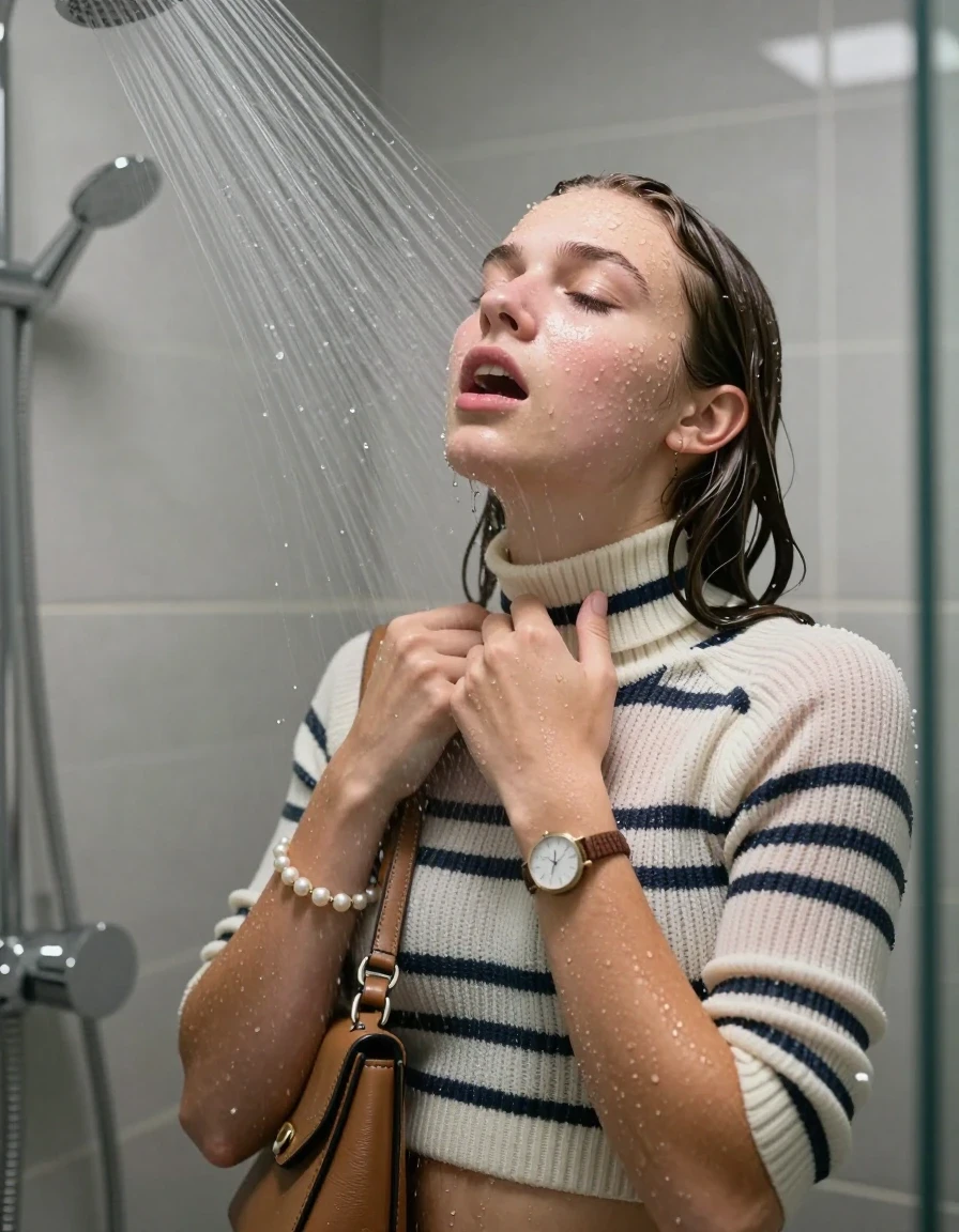 photo of young woman, in soaking wet, drenched clothes,
, , Striped knit turtleneck sweater belly free, handbag, pearl necklace, bracelet, wristwatch, Under the shower, strong jet of water, modern mirrored bathroom, 
enjoying, wet clothes stuck to body,
detailed textures of the wet clothes, wet face, wet plastered hair,
wet, drenched, professional, high-quality details, full body view.
sharp focus, ultra-high pixel detail, realistic, high-quality, full colors, incredibly detailed, 4k, 8k, 16k, hyper-realistic, RAW photo, masterpiece, ultra-detailed, professionally color graded, professional photograph, Colarbone bob

15 years old  teenage girl

Only head and shoulders are over the surface visible. Open mouth, closed eyes. Looking up. 

she is completely underwater up to her neck, afraid and astonished expression. 

her submerged clothes are hardly vusible under water, she soaked her handbag into the water

close up view, wet skin, wet clothes, wet hair, damp fabric, water runs down the clothes, wet skin, wet clothes, damp fabric., wet skin, wet clothes, damp fabric, wet skin, wet clothes, damp fabric, wet skin, wet clothes, damp fabric, wet skin, wet clothes, damp fabric, wet skin, wet clothes, damp fabric, wet skin, wet clothes, damp fabric
