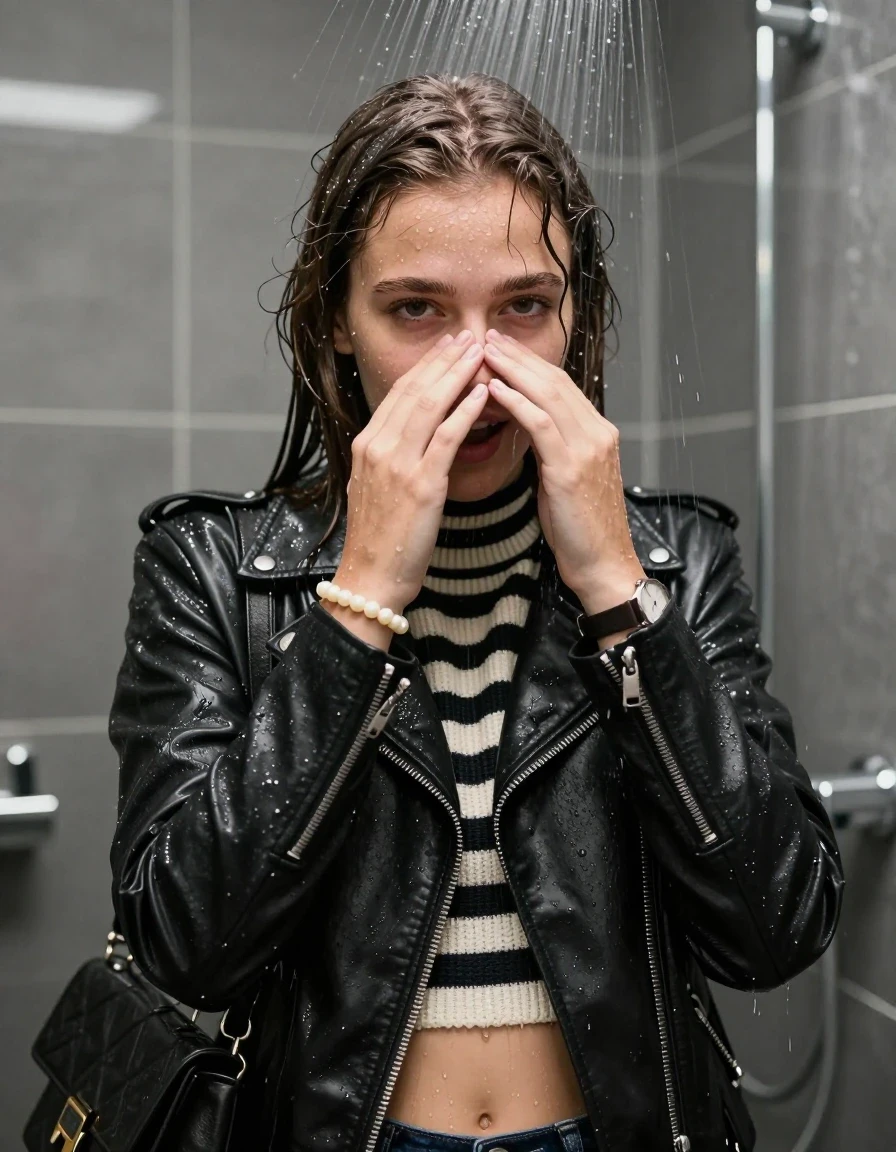 photo of young woman, in soaking wet, drenched clothes,
, , black biker leatherjacket,Striped knit turtleneck sweater belly free, handbag, pearl necklace, bracelet, wristwatch, Under the shower, strong jet of water, modern mirrored bathroom, 
enjoying, wet clothes stuck to body,
detailed textures of the wet clothes, wet face, wet plastered hair,
wet, drenched, professional, high-quality details, full body view.
sharp focus, ultra-high pixel detail, realistic, high-quality, full colors, incredibly detailed, 4k, 8k, 16k, hyper-realistic, RAW photo, masterpiece, ultra-detailed, professionally color graded, professional photograph, Sleek long bob with bangs

15 years old  teenage girl

Only head and shoulders are over the surface visible. Open mouth. Looking at camera. Hold her hands over her nose.

she is completely underwater up to her neck, shy and awkward but she giggles anyways. 

her submerged clothes are hardly vusible under water, she soaked her handbag into the water

close up view, wet skin, wet clothes, wet hair, damp fabric, water runs down the clothes, wet skin, wet clothes., wet skin, wet clothes, damp fabric, wet skin, wet clothes, damp fabric