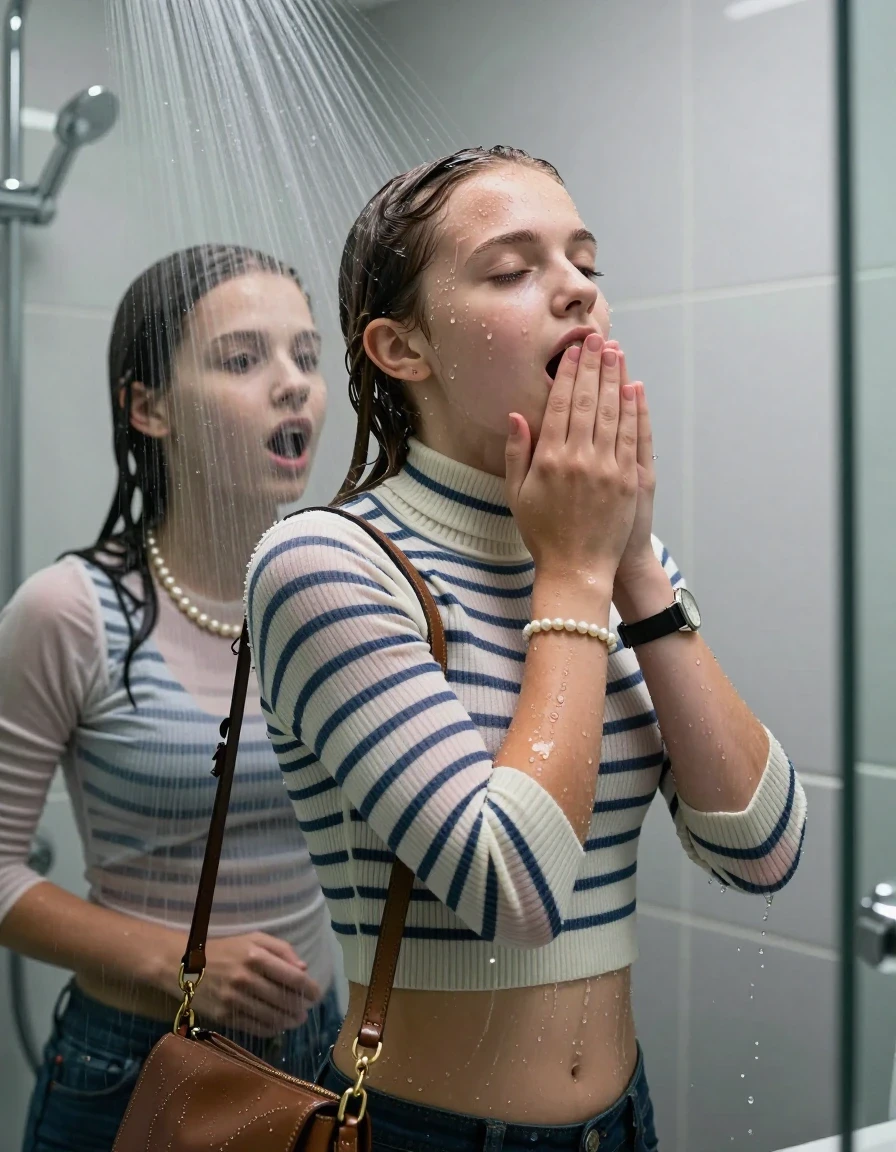 photo of young woman, in soaking wet, drenched clothes,
, , Tight Striped knit turtleneck sweater belly free, handbag, pearl necklace, bracelet, wristwatch, Under the shower, strong jet of water, modern mirrored bathroom, 
enjoying, wet clothes stuck to body,
detailed textures of the wet clothes, wet face, wet plastered hair,
wet, drenched, professional, high-quality details, full body view.
sharp focus, ultra-high pixel detail, realistic, high-quality, full colors, incredibly detailed, 4k, 8k, 16k, hyper-realistic, RAW photo, masterpiece, ultra-detailed, professionally color graded, professional photograph, Topknot

Two 15 years old  teenage girl

Only head and shoulders are over the surface visible. Open mouth, closed eyes. Looking up. Hold a hand on her mouth.

she is completely underwater up to her neck, afraid and astonished expression. 

her submerged clothes are hardly vusible under water, she soaked her handbag into the water

close up view, wet skin, wet clothes, wet hair, damp fabric, water runs down the clothes, wet skin, wet clothes, damp fabric., wet skin, wet clothes, damp fabric, wet skin, wet clothes, damp fabric, wet skin, wet clothes, damp fabric, wet skin, wet clothes, damp fabric, wet skin, wet clothes, damp fabric, wet skin, wet clothes, damp fabric, wet skin, wet clothes, damp fabric, wet skin, wet clothes, damp fabric