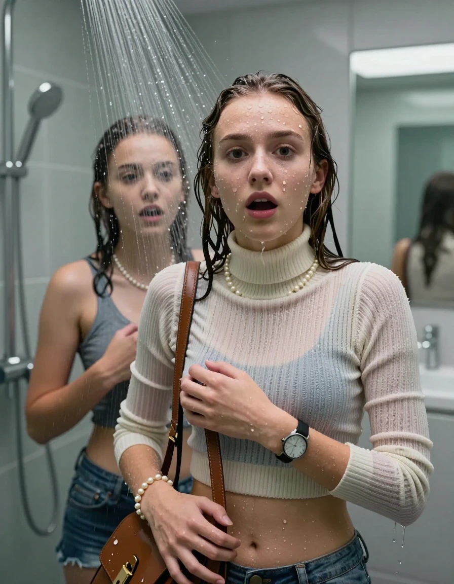 photo of young woman, in soaking wet, drenched clothes,
, , Tight Striped knit turtleneck sweater belly free, handbag, pearl necklace, bracelet, wristwatch, Under the shower, strong jet of water, modern mirrored bathroom, 
enjoying, wet clothes stuck to body,
detailed textures of the wet clothes, wet face, wet plastered hair,
wet, drenched, professional, high-quality details, full body view.
sharp focus, ultra-high pixel detail, realistic, high-quality, full colors, incredibly detailed, 4k, 8k, 16k, hyper-realistic, RAW photo, masterpiece, ultra-detailed, professionally color graded, professional photograph, Collarbone bob

Two 15 years old  teenage girl

Only head and shoulders are over the surface visible. Looking at camera. 

she is completely underwater up to her neck, afraid and astonished expression. Has an orgasm.

her submerged clothes are hardly vusible under water, she soaked her handbag into the water

close up view, wet skin, wet clothes, wet hair, damp fabric, water runs down the clothes, wet skin, wet clothes, damp fabric., wet skin, wet clothes, damp fabric, wet skin, wet clothes, damp fabric, wet skin, wet clothes, damp fabric, wet skin, wet clothes, damp fabric, wet skin, wet clothes, damp fabric, wet skin, wet clothes, damp fabric, wet skin, wet clothes, damp fabric