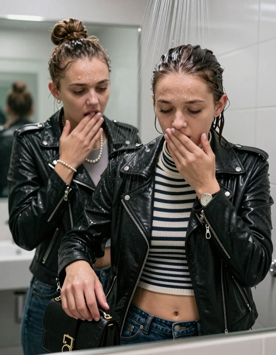 photo of young woman, in soaking wet, drenched clothes,
, , Biker leatherjacket, Tight Striped knit turtleneck sweater belly free, handbag, pearl necklace, bracelet, wristwatch, Under the shower, strong jet of water, modern mirrored bathroom, 
enjoying, wet clothes stuck to body,
detailed textures of the wet clothes, wet face, wet plastered hair,
wet, drenched, professional, high-quality details, full body view.
sharp focus, ultra-high pixel detail, realistic, high-quality, full colors, incredibly detailed, 4k, 8k, 16k, hyper-realistic, RAW photo, masterpiece, ultra-detailed, professionally color graded, professional photograph, Topknot

Two 15 years old  teenage girl

Only head and shoulders are over the surface visible. Open mouth, closed eyes. Looking down. Hold a hand on her mouth.

she is completely underwater up to her neck, afraid and astonished expression. 

her submerged clothes are hardly vusible under water, she soaked her handbag into the water

close up view, wet skin, wet clothes, wet hair, damp fabric, water runs down the clothes, wet skin, wet clothes, damp fabric., wet skin, wet clothes, damp fabric, wet skin, wet clothes, damp fabric, wet skin, wet clothes, damp fabric, wet skin, wet clothes, damp fabric, wet skin, wet clothes, damp fabric, wet skin, wet clothes, damp fabric, wet skin, wet clothes, damp fabric, wet skin, wet clothes, damp fabric