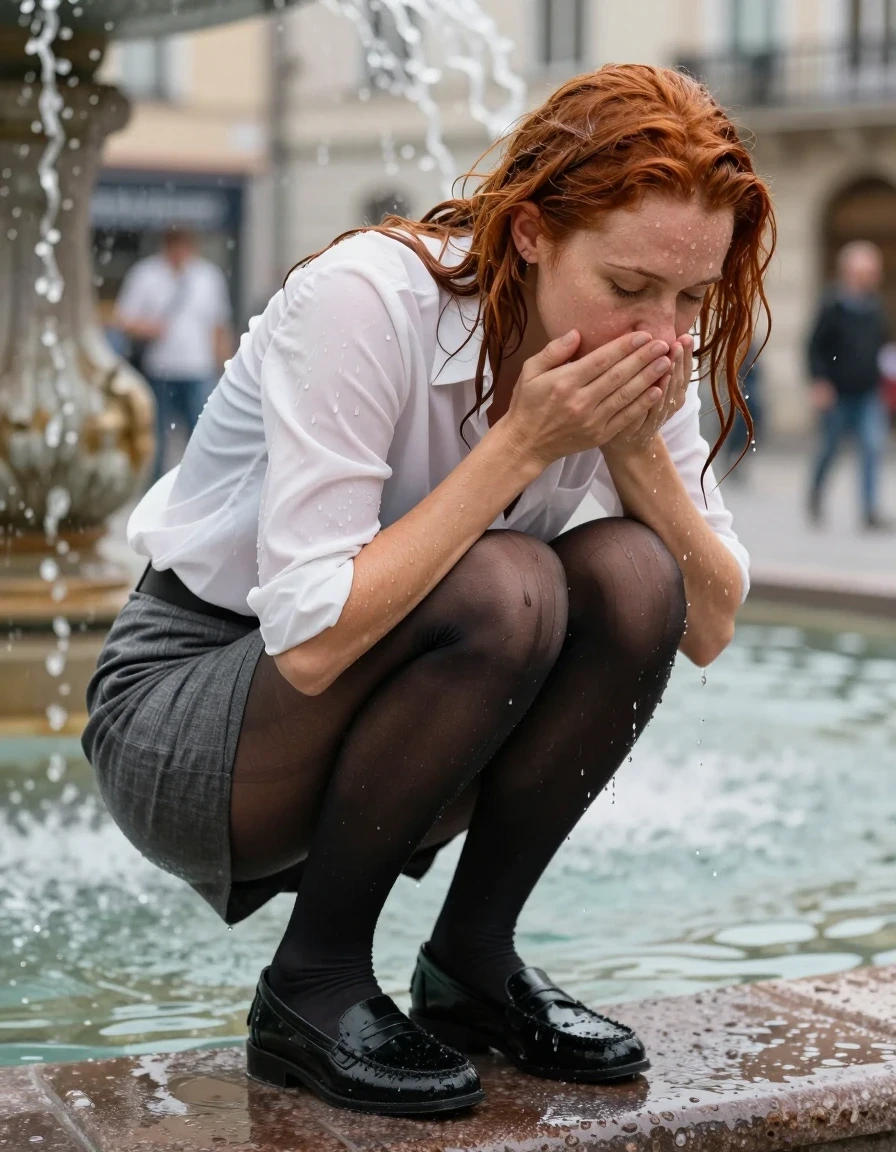 photo of young woman, in soaking wet, drenched clothes,
black loafers, black nylons, white blouse, grey skirt, in the city in a fountain, 
enjoying, wet clothes stuck to body,
detailed textures of the wet clothes, wet face, wet plastered hair,
wet, drenched, professional, high-quality details, full body view.
sharp focus, ultra-high pixel detail, realistic, high-quality, full colors, incredibly detailed, 4k, 8k, 16k, hyper-realistic, RAW photo, masterpiece, ultra-detailed, professionally color graded, professional photograph, photo of youngred haired  woman, in soaking wet, drenched clothes, barefoot, , enjoying, wet clothes stuck to body, detailed textures of the wet clothes, wet face, wet plastered hair, wet, drenched, professional, high-quality details, full body view. sharp focus, ultra-high pixel detail, realistic, high-quality, full colors, incredibly detailed, 4k, 8k, 16k, hyper-realistic, RAW photo, masterpiece, ultra-detailed, professionally color graded, professional photograph, A 40-year-old woman in black stockings emerges from the fountain, completely soaked. The water reaches her waist. She has just j, wet skin, wet clothes, damp fabric, wet skin, wet clothes, damp fabric