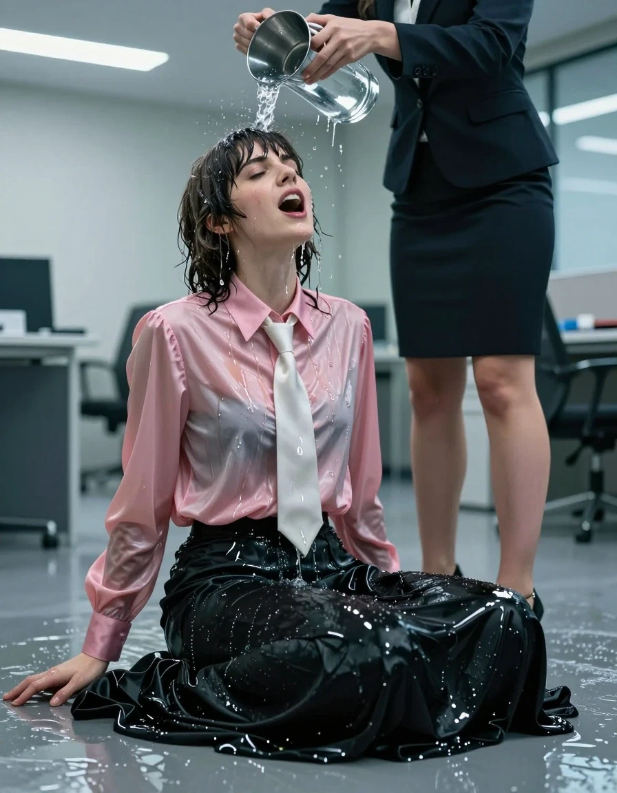 A photorealistic, high-detail shot of a young adult European woman with nerdy Beatles-style hair, captured in the middle of an intense, ecstatic orgasm. She is sitting on the floor of an empty office, drenched in water. A female boss in business casual attire stands over her, pouring a pitcher of water onto her. The subject is wearing an oversized pink long-sleeved satin blouse that is clinging to her skin, darkened and translucent from being soaked, paired with a silk white necktie that is dripping wet. She wears an excessively long floor-length black cotton skirt that is heavy with water, clinging to her legs with deep, dark, saturated folds and textures. She wears sandals on her feet. The scene features heavy wetness: her hair is matted and dripping, her skin has a realistic water sheen, and her clothes are saturated, heavy, and clinging to her body. The office environment is sterile and empty, illuminated by cool, clinical overhead fluorescent lighting that creates sharp specular reflections on her wet skin and the slick floor. 8k resolution, cinematic lighting, highly detailed textures, realistic water physics, hyper-realistic skin pores and wet fabric movement.