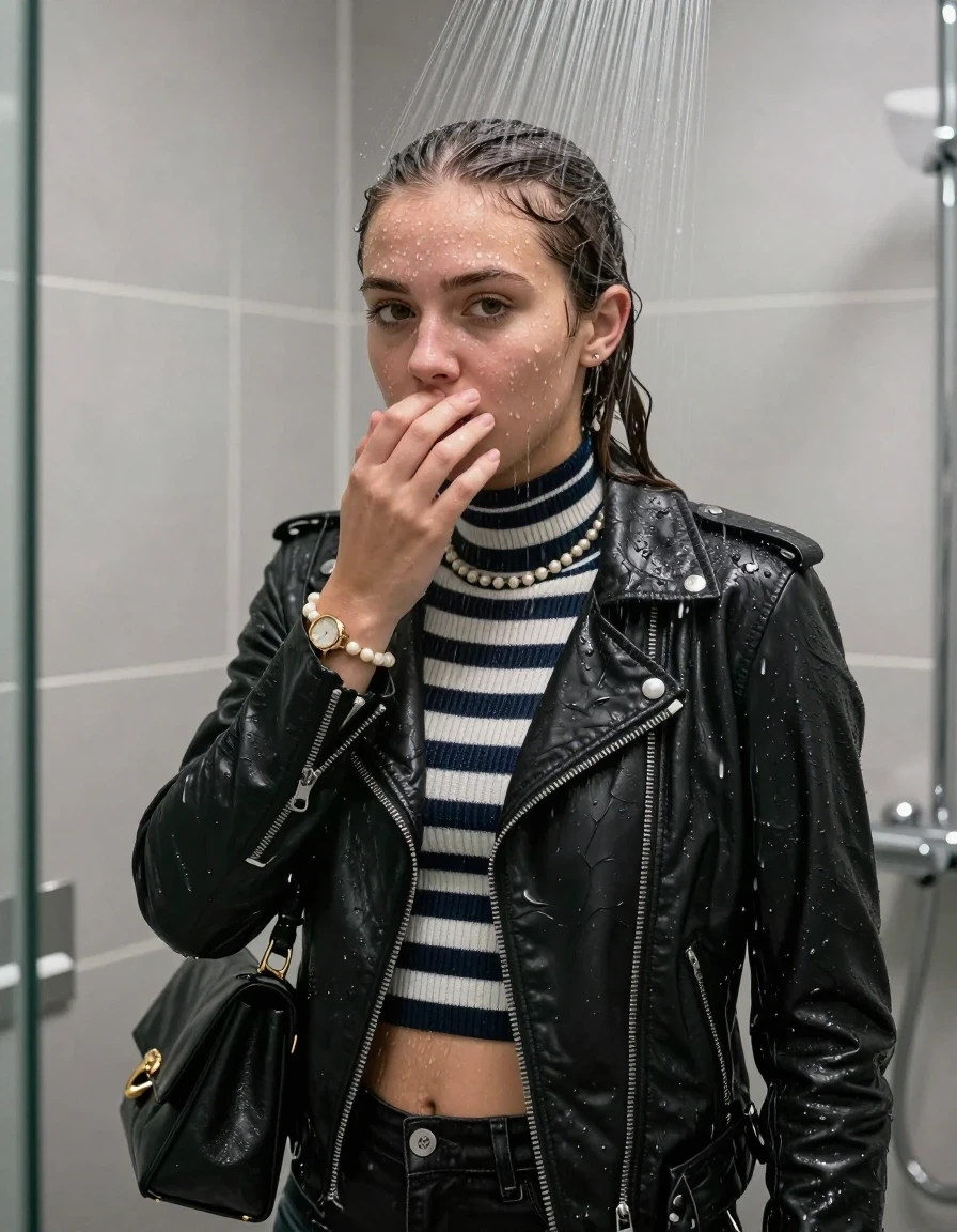 photo of young woman, in soaking wet, drenched clothes,
, , black biker leatherjacket,Striped knit turtleneck sweater belly free, handbag, pearl necklace, bracelet, wristwatch, Under the shower, strong jet of water, modern mirrored bathroom, 
enjoying, wet clothes stuck to body,
detailed textures of the wet clothes, wet face, wet plastered hair,
wet, drenched, professional, high-quality details, full body view.
sharp focus, ultra-high pixel detail, realistic, high-quality, full colors, incredibly detailed, 4k, 8k, 16k, hyper-realistic, RAW photo, masterpiece, ultra-detailed, professionally color graded, professional photograph, Flipped high ponytail

15 years old  teenage girl

Only head and shoulders are over the surface visible. Open mouth. Looking at camera. Hold her hand over her mouth.

she is completely underwater up to her neck, shy and awkward.

her submerged clothes are hardly vusible under water, she soaked her handbag into the water

close up view, wet skin, wet clothes, wet hair, damp fabric, water runs down the clothes, wet skin, wet clothes, damp fabric., wet skin, wet clothes, damp fabric