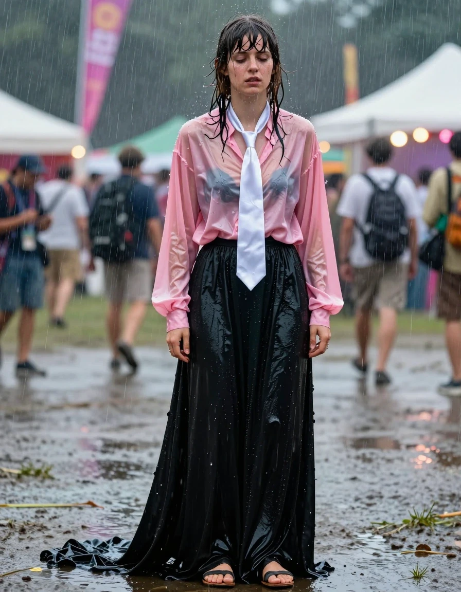 A photorealistic, full-body shot of a young adult European woman with nerdy Beatles-style hair, standing outdoors at a festival during a torrential rainstorm. She is completely drenched, with water-matted hair clinging to her face and neck, and her skin glistening with heavy rain sheen. She wears a baggy, oversized pink long-sleeved satin blouse that is soaked through, clinging to her frame with translucent patches and deep, heavy folds, paired with a silk white necktie that is limp and water-heavy. She is wearing an excessively long, floor-length black cotton skirt that is sodden, dragging heavily on the ground, with dark, saturated fabric clinging to her legs. She is wearing simple sandals. She appears physically exhausted, barely able to walk or stand, with a dazed, post-orgasmic expression and heavy-lidded eyes. The background is a blurred, rain-streaked festival environment with distant, out-of-focus lights. High-speed photography, capturing droplets mid-air, intense wet texture, cinematic lighting, hyper-detailed skin pores, realistic water saturation, 8k resolution, sharp focus on the subject.