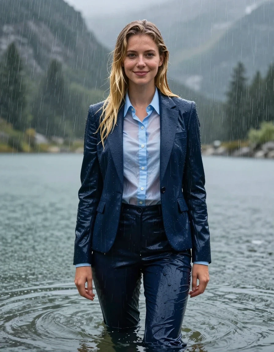 A full-body photorealistic shot of a young European woman with a long layered haircut and side-parted blonde hair, standing waist-deep in a cold mountain lake during a torrential rainstorm. She is wearing a dark blue business suit jacket over a light blue button-down long-sleeve shirt and dark blue business suit trousers. Every garment is completely drenched, heavy with water, and clinging tightly to her body; the fabric is visibly soaked, darkened in tone, and textured with heavy wet folds and damp creases, with the light blue shirt becoming translucent against her skin. She has a subtle smile on her face with her eyes open, looking directly forward as the heavy rain pours over her, creating a distinct wetlook on her skin, glistening wet hair, and saturated clothing. The environment features a dramatic, moody mountain lake setting with heavy rain falling, soft natural lighting catching the water sheen on her skin and the fabric. High resolution, 4k, hyper-realistic textures, emphasis on the weight of the water-logged suit, intense atmospheric storm conditions.