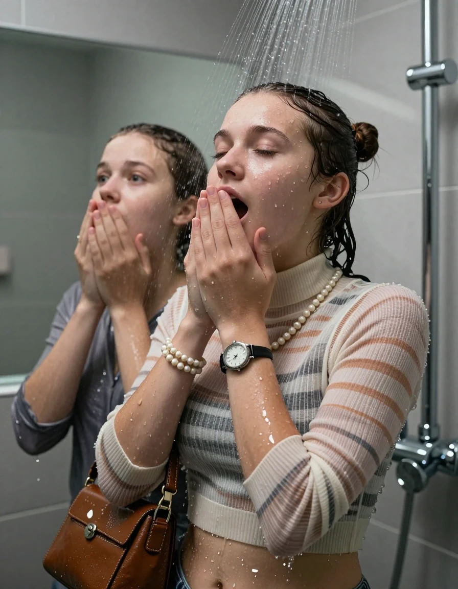 photo of young woman, in soaking wet, drenched clothes,
, , Tight Striped knit turtleneck sweater belly free, handbag, pearl necklace, bracelet, wristwatch, Under the shower, strong jet of water, modern mirrored bathroom, 
enjoying, wet clothes stuck to body,
detailed textures of the wet clothes, wet face, wet plastered hair,
wet, drenched, professional, high-quality details, full body view.
sharp focus, ultra-high pixel detail, realistic, high-quality, full colors, incredibly detailed, 4k, 8k, 16k, hyper-realistic, RAW photo, masterpiece, ultra-detailed, professionally color graded, professional photograph, Topknot

Two 15 years old  teenage girl

Only head and shoulders are over the surface visible. Open mouth, closed eyes. Looking up. Hold a hand on her mouth.

she is completely underwater up to her neck, afraid and astonished expression. 

her submerged clothes are hardly vusible under water, she soaked her handbag into the water

close up view, wet skin, wet clothes, wet hair, damp fabric, water runs down the clothes, wet skin, wet clothes, damp fabric., wet skin, wet clothes, damp fabric, wet skin, wet clothes, damp fabric, wet skin, wet clothes, damp fabric, wet skin, wet clothes, damp fabric, wet skin, wet clothes, damp fabric, wet skin, wet clothes, damp fabric, wet skin, wet clothes, damp fabric, wet skin, wet clothes, damp fabric