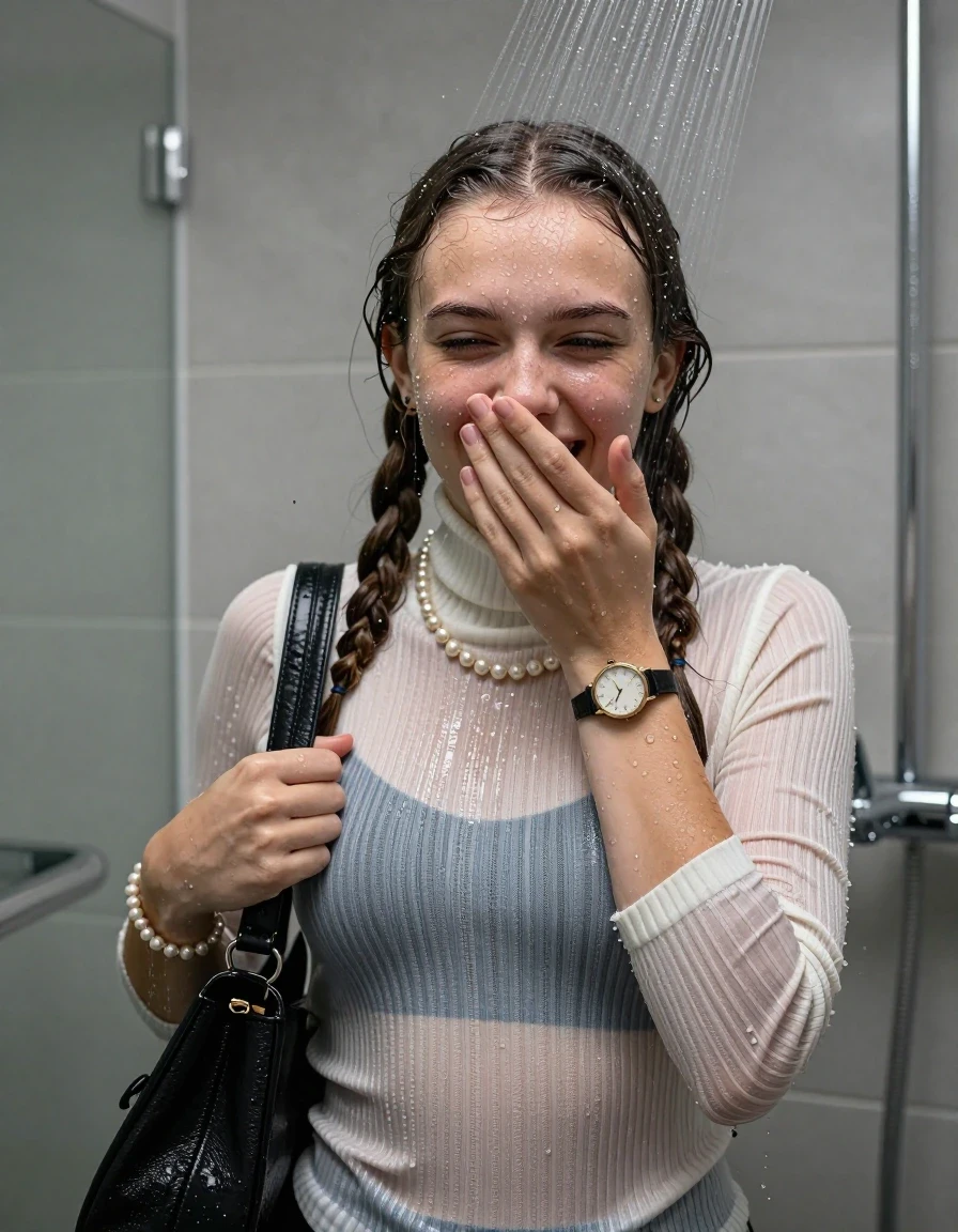 photo of young woman, in soaking wet, drenched clothes,
, ,  tight striped knit turtleneck sweater belly free, handbag, pearl necklace, bracelet, wristwatch, Under the shower, strong jet of water, modern mirrored bathroom, 
enjoying, wet clothes stuck to body,
detailed textures of the wet clothes, wet face, wet plastered hair,
wet, drenched, professional, high-quality details, full body view.
sharp focus, ultra-high pixel detail, realistic, high-quality, full colors, incredibly detailed, 4k, 8k, 16k, hyper-realistic, RAW photo, masterpiece, ultra-detailed, professionally color graded, professional photograph, Two pigtails

15 years old  teenage girl

Only head and shoulders are over the surface visible. Open mouth, half closed eyes. Looking at camera. Cover her mouth and nose with a hand.

she is completely underwater up to her neck, shy and awkward but she giggles anyways.

her submerged clothes are hardly vusible under water, she soaked her handbag into the water

close up view, wet skin, wet clothes, wet hair, damp fabric, water runs down the clothes, wet skin, wet clothes, damp fabric., wet skin, wet clothes, damp fabric, wet skin, wet clothes, damp fabric, wet skin, wet clothes, damp fabric, wet skin, wet clothes, damp fabric