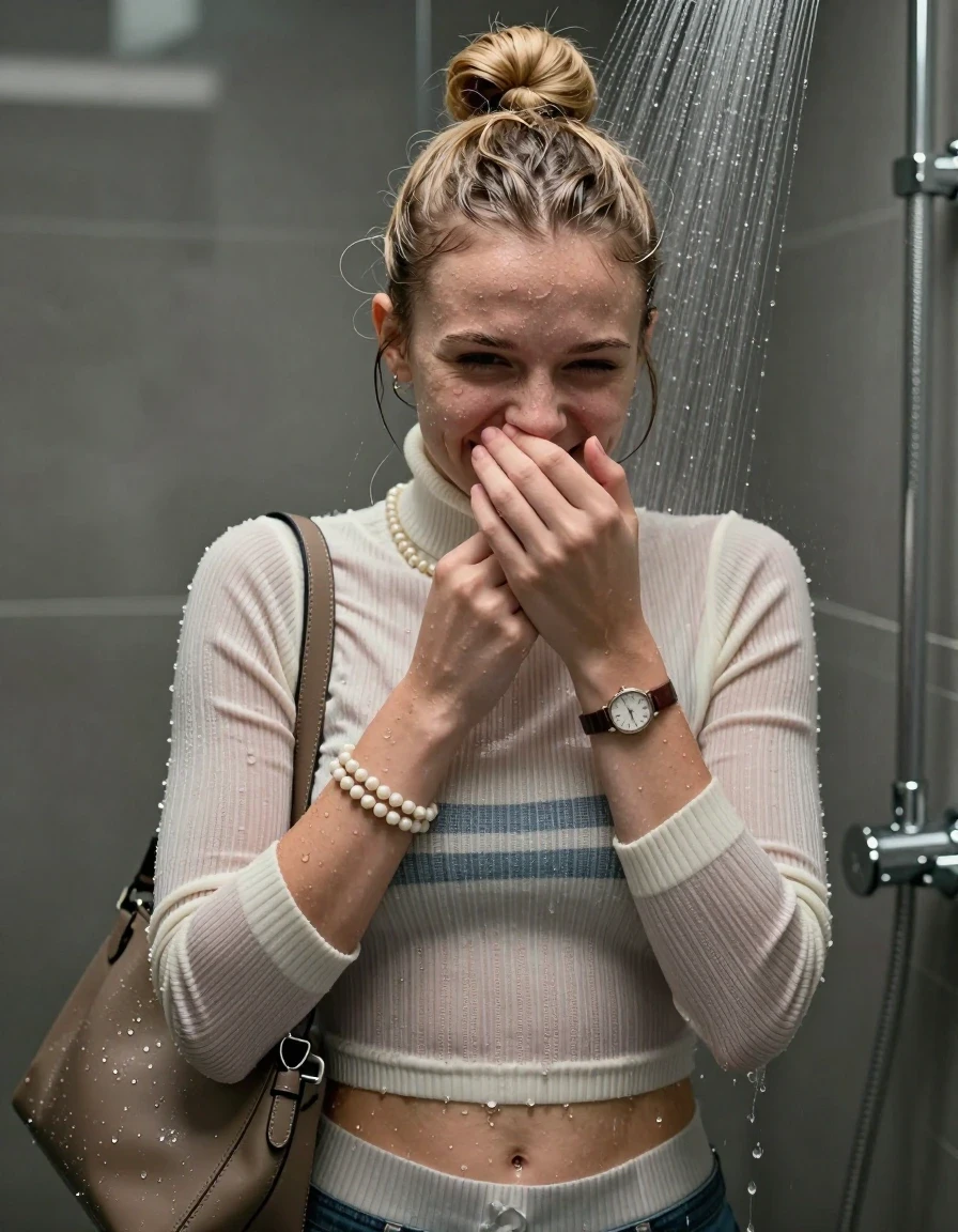 photo of young woman, in soaking wet, drenched clothes,
, ,  tight striped knit turtleneck sweater belly free, handbag, pearl necklace, bracelet, wristwatch, Under the shower, strong jet of water, modern mirrored bathroom, 
enjoying, wet clothes stuck to body,
detailed textures of the wet clothes, wet face, wet plastered hair,
wet, drenched, professional, high-quality details, full body view.
sharp focus, ultra-high pixel detail, realistic, high-quality, full colors, incredibly detailed, 4k, 8k, 16k, hyper-realistic, RAW photo, masterpiece, ultra-detailed, professionally color graded, professional photograph, Blonde Topknot

15 years old  teenage girl

Only head and shoulders are over the surface visible. Open mouth, half closed eyes. Looking slightly at camera. Cover her mouth and nose with a hand.

she is completely underwater up to her neck, shy and awkward but she giggles anyways.

her submerged clothes are hardly vusible under water, she soaked her handbag into the water

close up view, wet skin, wet clothes, wet hair, damp fabric, water runs down the clothes, wet skin, wet clothes, damp fabric., wet skin, wet clothes, damp fabric, wet skin, wet clothes, damp fabric, wet skin, wet clothes, damp fabric, wet skin, wet clothes, damp fabric