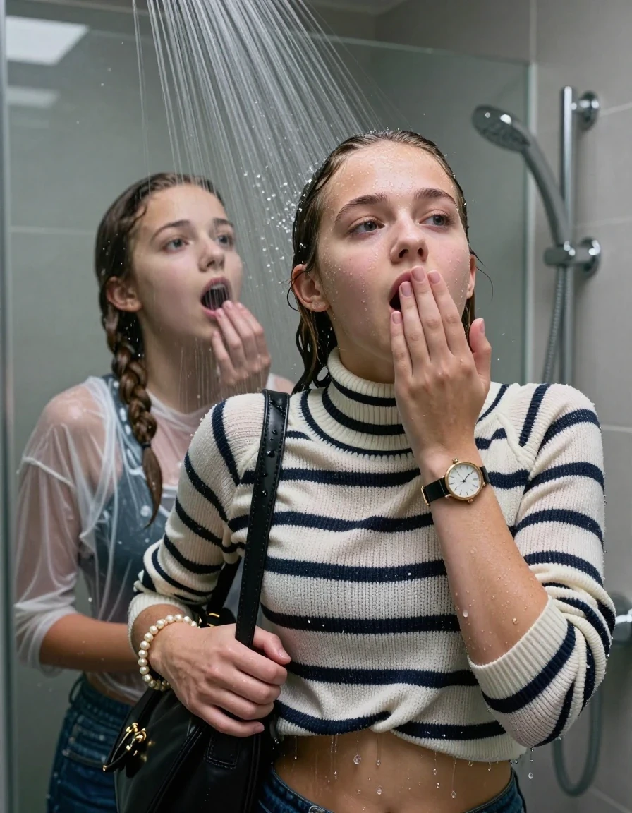 photo of young woman, in soaking wet, drenched clothes,
, , Striped knit turtleneck sweater belly free, handbag, pearl necklace, bracelet, wristwatch, Under the shower, strong jet of water, modern mirrored bathroom, 
enjoying, wet clothes stuck to body,
detailed textures of the wet clothes, wet face, wet plastered hair,
wet, drenched, professional, high-quality details, full body view.
sharp focus, ultra-high pixel detail, realistic, high-quality, full colors, incredibly detailed, 4k, 8k, 16k, hyper-realistic, RAW photo, masterpiece, ultra-detailed, professionally color graded, professional photograph, Topknot

Two 15 years old  teenage girl

Only head and shoulders are over the surface visible. Open mouth, closed eyes. Looking up. Hold a hand on her mouth.

she is completely underwater up to her neck, afraid and astonished expression. 

her submerged clothes are hardly vusible under water, she soaked her handbag into the water

close up view, wet skin, wet clothes, wet hair, damp fabric, water runs down the clothes, wet skin, wet clothes, damp fabric., wet skin, wet clothes, damp fabric, wet skin, wet clothes, damp fabric, wet skin, wet clothes, damp fabric, wet skin, wet clothes, damp fabric, wet skin, wet clothes, damp fabric, wet skin, wet clothes, damp fabric, wet skin, wet clothes, damp fabric