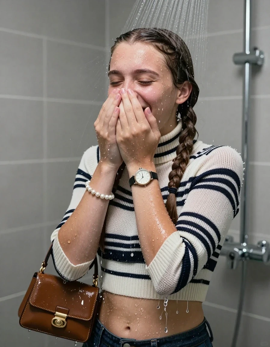 photo of young woman, in soaking wet, drenched clothes,
, , Striped knit turtleneck sweater belly free, handbag, pearl necklace, bracelet, wristwatch, Under the shower, strong jet of water, modern mirrored bathroom, 
enjoying, wet clothes stuck to body,
detailed textures of the wet clothes, wet face, wet plastered hair,
wet, drenched, professional, high-quality details, full body view.
sharp focus, ultra-high pixel detail, realistic, high-quality, full colors, incredibly detailed, 4k, 8k, 16k, hyper-realistic, RAW photo, masterpiece, ultra-detailed, professionally color graded, professional photograph, Sleek Boxer braids 

15 years old  teenage girl

Only head and shoulders are over the surface visible. Open mouth, closed eyes. Looking at camera. Hold her hands over her nose.

she is completely underwater up to her neck, shy and awkward but she giggles anyways. 

her submerged clothes are hardly vusible under water, she soaked her handbag into the water

close up view, wet skin, wet clothes, wet hair, damp fabric, water runs down the clothes, wet skin, wet clothes., wet skin, wet clothes, damp fabric
