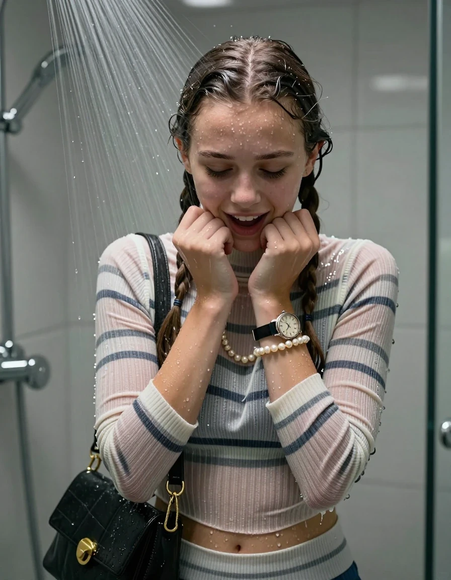 photo of young woman, in soaking wet, drenched clothes,
, ,  tight striped knit turtleneck sweater belly free, handbag, pearl necklace, bracelet, wristwatch, Under the shower, strong jet of water, modern mirrored bathroom, 
enjoying, wet clothes stuck to body,
detailed textures of the wet clothes, wet face, wet plastered hair,
wet, drenched, professional, high-quality details, full body view.
sharp focus, ultra-high pixel detail, realistic, high-quality, full colors, incredibly detailed, 4k, 8k, 16k, hyper-realistic, RAW photo, masterpiece, ultra-detailed, professionally color graded, professional photograph, Two pigtails

15 years old  teenage girl

Only head and shoulders are over the surface visible. Open mouth, closed eyes. Looking down. Hold her hands on her chin.

she is completely underwater up to her neck, shy and awkward but she giggles anyways.

her submerged clothes are hardly vusible under water, she soaked her handbag into the water

close up view, wet skin, wet clothes, wet hair, damp fabric, water runs down the clothes, wet skin, wet clothes, damp fabric., wet skin, wet clothes, damp fabric, wet skin, wet clothes, damp fabric, wet skin, wet clothes, damp fabric, wet skin, wet clothes, damp fabric