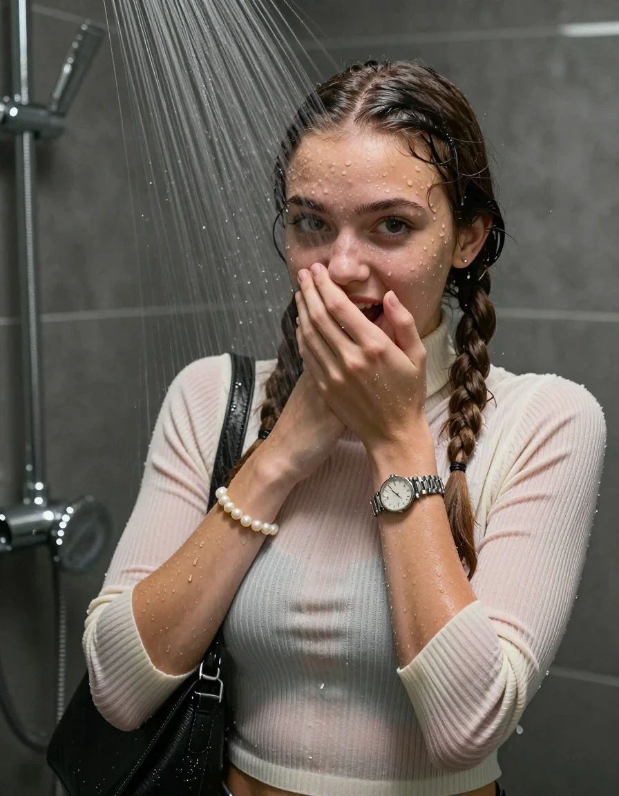 photo of young woman, in soaking wet, drenched clothes,
, ,  tight striped knit turtleneck sweater belly free, handbag, pearl necklace, bracelet, wristwatch, Under the shower, strong jet of water, modern mirrored bathroom, 
enjoying, wet clothes stuck to body,
detailed textures of the wet clothes, wet face, wet plastered hair,
wet, drenched, professional, high-quality details, full body view.
sharp focus, ultra-high pixel detail, realistic, high-quality, full colors, incredibly detailed, 4k, 8k, 16k, hyper-realistic, RAW photo, masterpiece, ultra-detailed, professionally color graded, professional photograph, Two pigtails

15 years old  teenage girl

Only head and shoulders are over the surface visible. Open mouth, big eyes. Looking at camera. Cover her mouth and nose with a hand.

she is completely underwater up to her neck, shy and awkward but she giggles anyways.

her submerged clothes are hardly vusible under water, she soaked her handbag into the water

close up view, wet skin, wet clothes, wet hair, damp fabric, water runs down the clothes, wet skin, wet clothes, damp fabric., wet skin, wet clothes, damp fabric, wet skin, wet clothes, damp fabric, wet skin, wet clothes, damp fabric, wet skin, wet clothes, damp fabric
