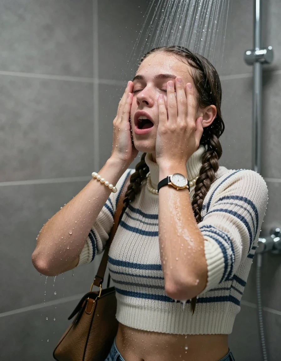 photo of young woman, in soaking wet, drenched clothes,
, , Striped knit turtleneck sweater belly free, handbag, pearl necklace, bracelet, wristwatch, Under the shower, strong jet of water, modern mirrored bathroom, 
enjoying, wet clothes stuck to body,
detailed textures of the wet clothes, wet face, wet plastered hair,
wet, drenched, professional, high-quality details, full body view.
sharp focus, ultra-high pixel detail, realistic, high-quality, full colors, incredibly detailed, 4k, 8k, 16k, hyper-realistic, RAW photo, masterpiece, ultra-detailed, professionally color graded, professional photograph, Sleek Boxer braids 

15 years old  teenage girl

Only head and shoulders are over the surface visible. Open mouth, closed eyes. Looking up. Hold her hands over her face.

she is completely underwater up to her neck, afraid and astonished expression. 

her submerged clothes are hardly vusible under water, she soaked her handbag into the water

close up view, wet skin, wet clothes, wet hair, damp fabric, water runs down the clothes, wet skin, wet clothes., wet skin, wet clothes, damp fabric