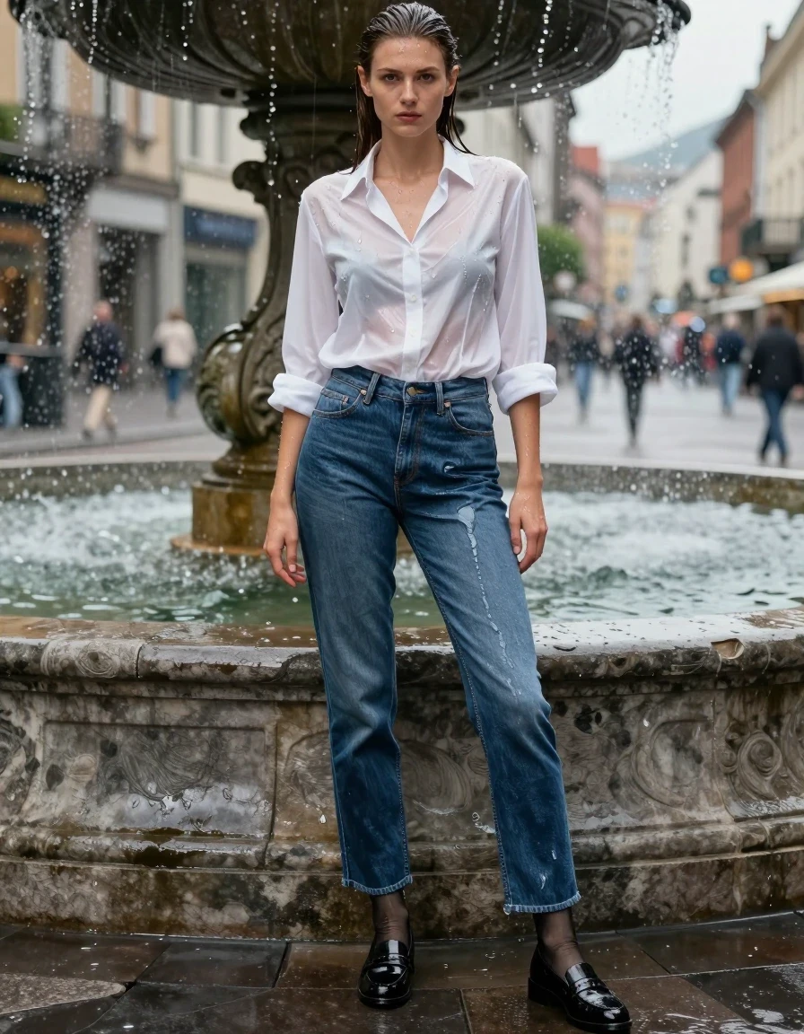 A photorealistic full-body shot of a young adult European woman standing inside a decorative stone fountain in a bustling city square. She is wearing a crisp white blouse that is completely drenched, becoming translucent and clinging tightly to her skin and torso, highlighting the texture of the fabric and the wet sheen on her skin beneath. She wears soaking-wet blue denim jeans, water-saturated heavyweight denim, blue changed to deep navy and indigo, substantially darker unevenly soaked patches, absorbed water, heavy wet folds, visible weave and stitching, and strong glossy specular reflections on the raised weave, seams, and creases. Her legs are clad in sheer black nylons visible beneath the wet denim, paired with wet black leather loafers. Her hair is slicked back, dripping with water, and her skin displays a realistic wet luster. The environment features splashing water from the fountain, city architecture in the blurred background, natural daylight creating sharp highlights on the wet surfaces, 8k resolution, cinematic lighting, hyper-detailed textures, shot on 35mm lens.