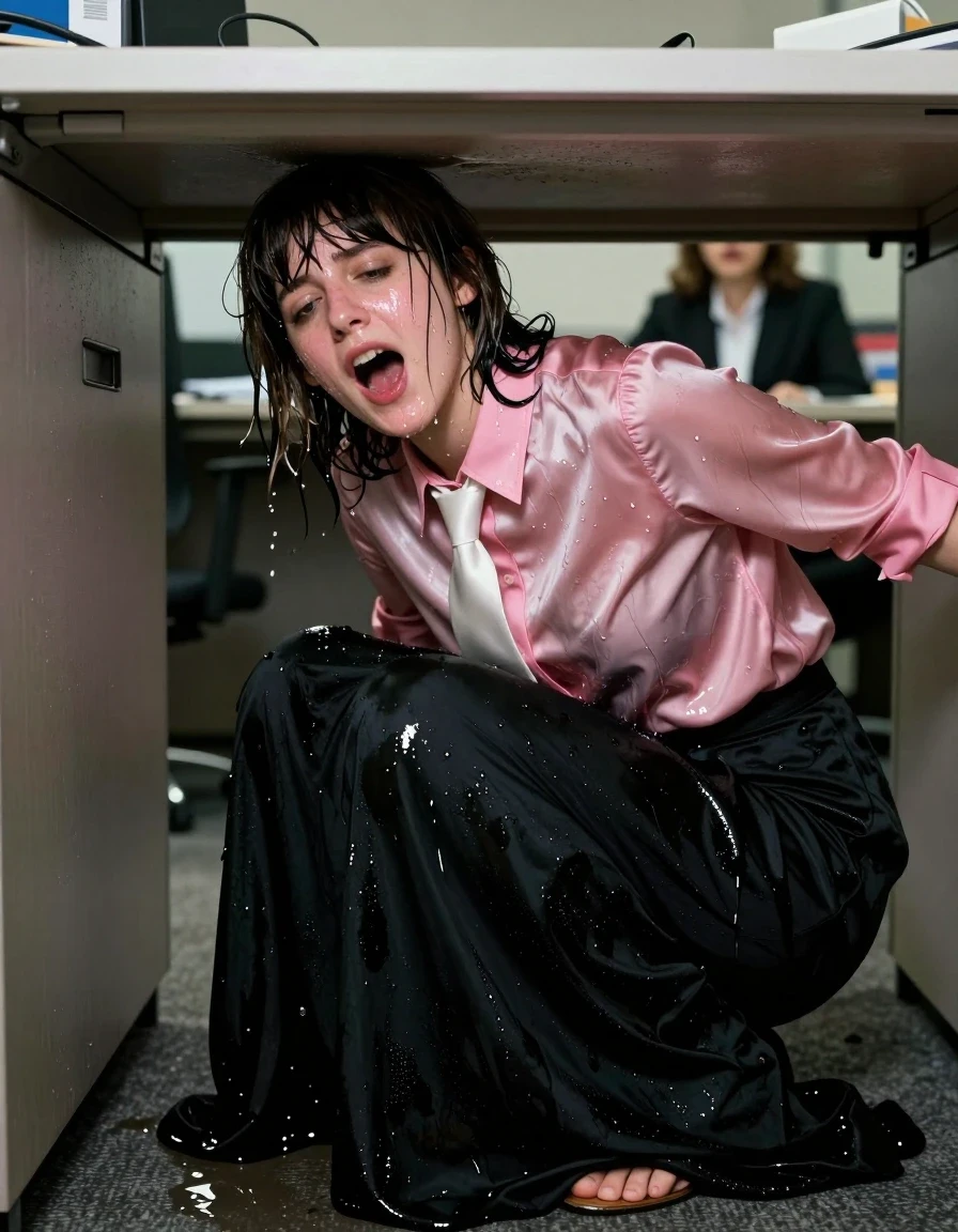 A photorealistic medium shot of a young adult European woman with nerdy Beatles-style hair, hiding underneath a cramped office cubicle desk. She is in the throes of an intense orgasm, her face flushed and expressive, completely drenched in water; her skin is glistening with a heavy sheen, and strands of her hair are wet, matted, and clinging to her forehead and neck. She is wearing an oversized, soaking-wet pink long-sleeved satin blouse that is heavily saturated, darkened by water, and clinging to her torso, accented by a wet, limp silk white necktie. Her legs are covered by an excessively long, floor-length black cotton skirt that is visibly heavy with water, clinging to her legs, showing deep, dark soaked patches and heavy wet folds. She is wearing sandals on her feet. In the background, visible through the gap under the desk, a female boss dressed in sharp business-casual attire is standing and looking around the office, searching for her. The office environment is cramped and cluttered with wires and office supplies. Cinematic lighting captures the intense specular reflections on the wet fabric and skin, high-contrast shadows, 8k resolution, hyper-detailed textures, photographic realism.