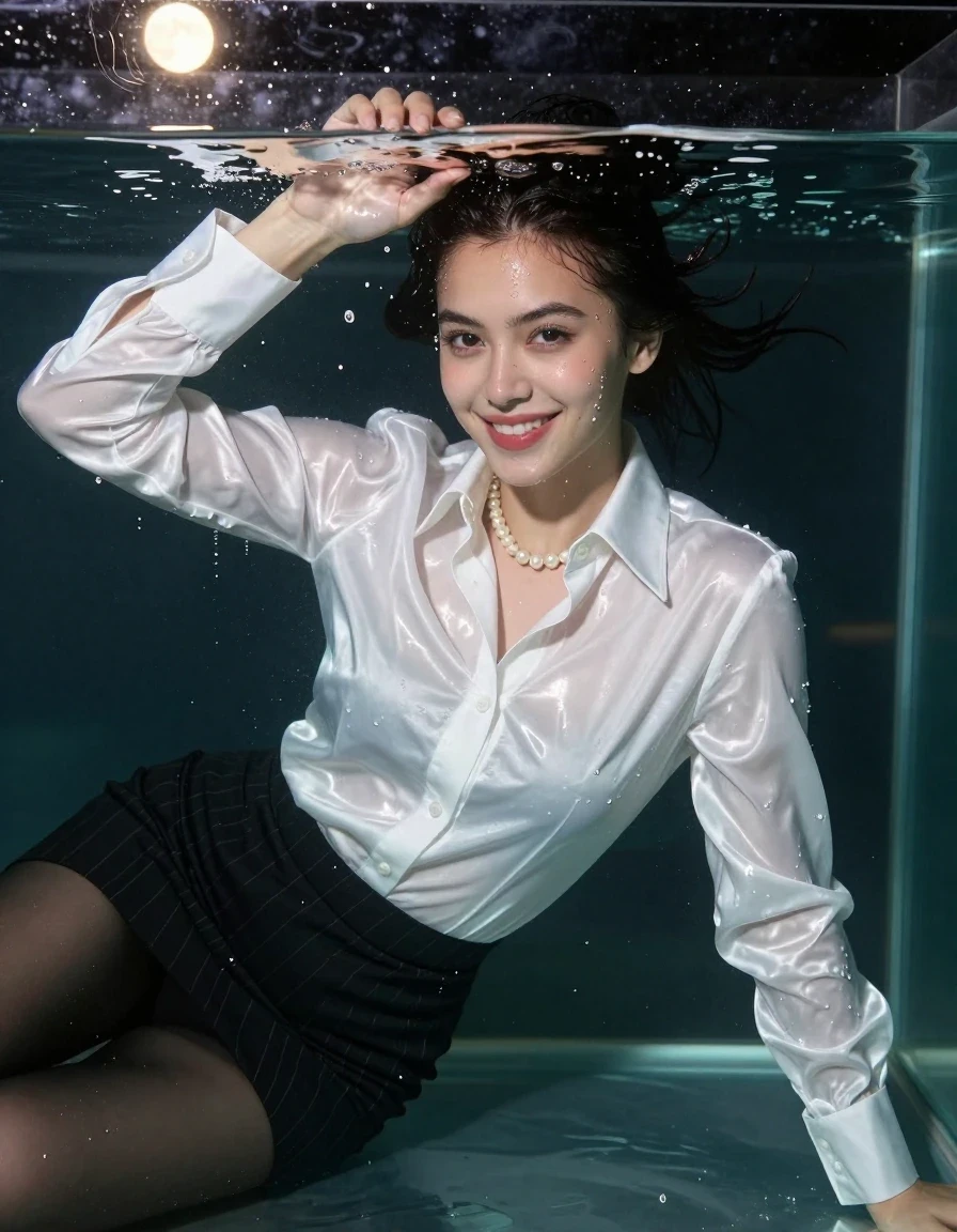 photo of young woman, in soaking wet, drenched clothes,
very shiny white satin dress shirt with a bigger, high, white collar with a high upright collar stand and long white French cuffs, , 
enjoying, wet clothes stuck to body,
detailed textures of the wet clothes, wet face, wet plastered hair,
wet, drenched, professional, high-quality details, full body view.
sharp focus, ultra-high pixel detail, realistic, high-quality, full colors, incredibly detailed, 4k, 8k, 16k, hyper-realistic, RAW photo, masterpiece, ultra-detailed, professionally color graded, professional photograph, create a realistic closeup photo that depicts a stylized and professional high fashion photo shoot. Here is a detailed description: Subject: The main subject is a submerged, smiling beautiful 27-year-old actress with a suntanned complexion. She exudes a classy aura and looks into the camera. Pose and Setting: The woman is lying horizontally on her front deep in the water of the big glass tank taking a underwater dip so her ear hits the water level. The setting is during the night, with little moonlight casting a warm glow. Attire: Below the water surface she is wearing a combination of women's clothing, creating a unique and striking  messy look: A very shiny white satin dress shirt with a bigger, high, white collar with a high upright collar stand and long white French cuffs. A pearl necklace that adds a touch of elegance. A  black pinstripe pencil skirt.  Black tights. Effect: The clothes have become dunked, soaked, drenched and sticky by the water , emphasizing the style. Water sparkles in her shirt gap. Droplets are visible on her face, enhancing the overall effect. Focus and Quality: The close-up photo is highly detailed, with a focus on the collar and the clothes shining from below the water surface. The image is photorealistic, with an 8k resolution, making it a high-quality masterpiece. Composition: The composition is well-balanced, with the subject centrally placed. The moonlight provides a soft, natural lighting that complements the subject's features., wet skin, wet clothes, damp fabric