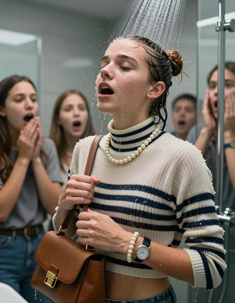 photo of young woman, in soaking wet, drenched clothes,
, , Striped knit turtleneck sweater belly free, handbag, pearl necklace, bracelet, wristwatch, Under the shower, strong jet of water, modern mirrored bathroom, her friends watching her shocked, 
enjoying, wet clothes stuck to body,
detailed textures of the wet clothes, wet face, wet plastered hair,
wet, drenched, professional, high-quality details, full body view.
sharp focus, ultra-high pixel detail, realistic, high-quality, full colors, incredibly detailed, 4k, 8k, 16k, hyper-realistic, RAW photo, masterpiece, ultra-detailed, professionally color graded, professional photograph, Topknot

15 years old  teenage girl

Only head and shoulders are over the surface visible. Open mouth, closed eyes. Looking up.

she is completely underwater up to her neck, afraid and astonished expression. 

her submerged clothes are hardly vusible under water, she soaked her handbag into the water

close up view, wet skin, wet clothes, wet hair, damp fabric, water runs down the clothes, wet skin, wet clothes, damp fabric., wet skin, wet clothes, damp fabric, wet skin, wet clothes, damp fabric, wet skin, wet clothes, damp fabric, wet skin, wet clothes, damp fabric, wet skin, wet clothes, damp fabric, wet skin, wet clothes, damp fabric