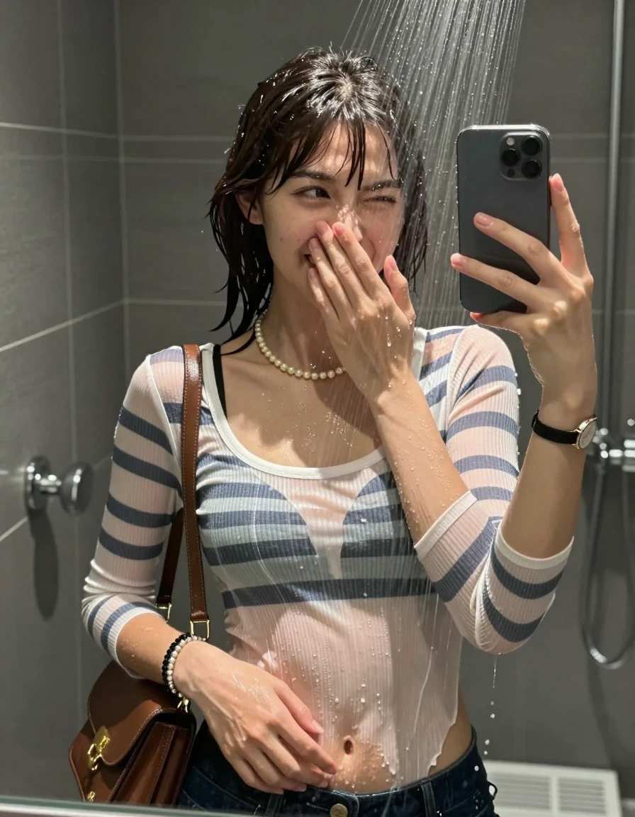 photo of young woman, in soaking wet, drenched clothes,
, ,  tight sexy striped sweater with wide neckline belly free, handbag, pearl necklace, bracelet, wristwatch, Under the shower, strong jet of water, modern mirrored bathroom, 
enjoying, wet clothes stuck to body,
detailed textures of the wet clothes, wet face, wet plastered hair,
wet, drenched, professional, high-quality details, full body view.
sharp focus, ultra-high pixel detail, realistic, high-quality, full colors, incredibly detailed, 4k, 8k, 16k, hyper-realistic, RAW photo, masterpiece, ultra-detailed, professionally color graded, professional photograph, Blunt bob with bangs

15 years old  teenage girl

Only head and shoulders are over the surface visible. Open mouth. Looking slightly at camera. Cover her mouth and nose with a hand. Take a Selfie with her Smartphone.

she is completely underwater up to her neck, shy and awkward but she giggles anyways.

her submerged clothes are hardly vusible under water, she soaked her handbag into the water

close up view, wet skin, wet clothes, wet hair, damp fabric, water runs down the clothes, wet skin, wet clothes, damp fabric., wet skin, wet clothes, damp fabric, wet skin, wet clothes, damp fabric, wet skin, wet clothes, damp fabric, wet skin, wet clothes, damp fabric, wet skin, wet clothes, damp fabric