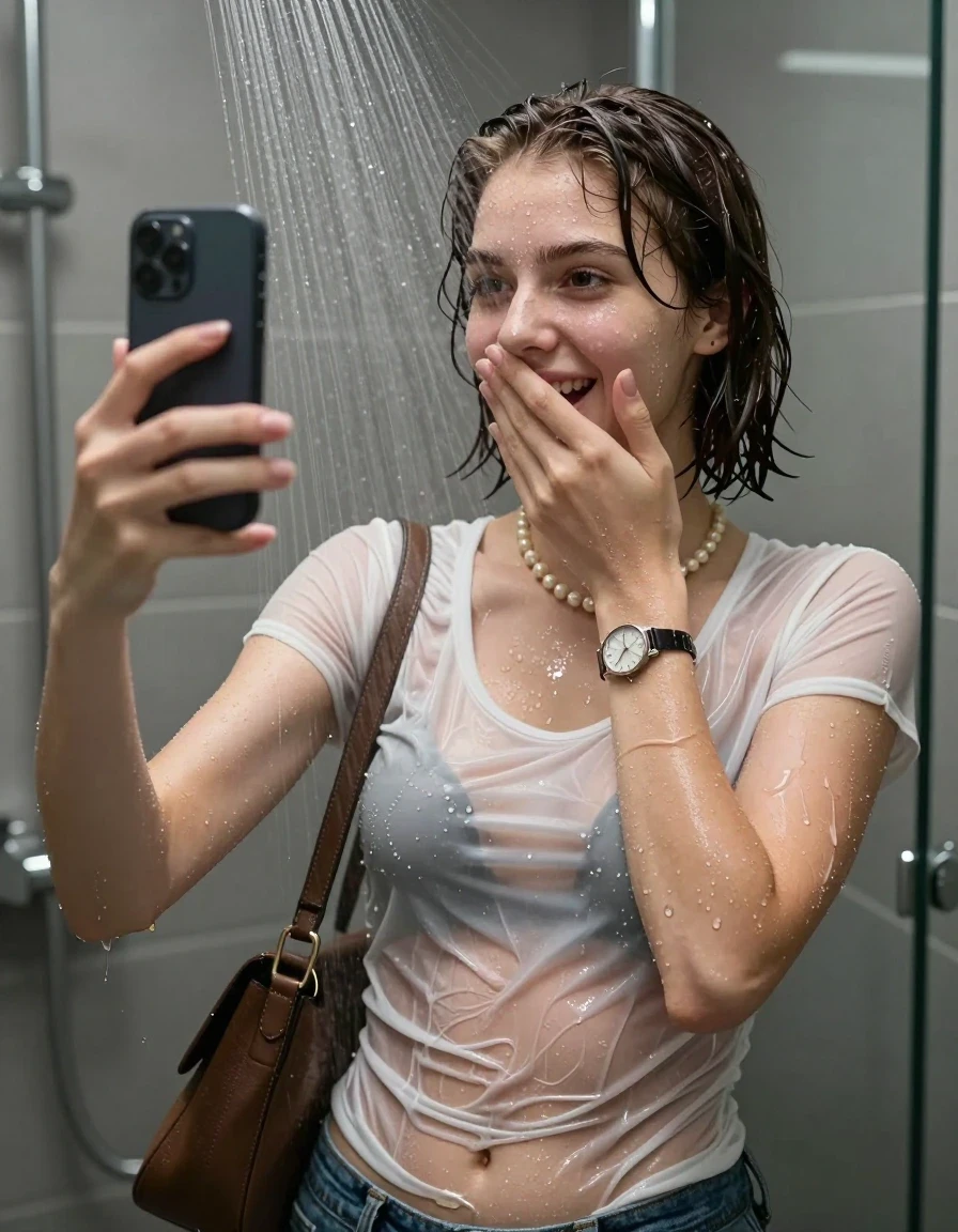 photo of young woman, in soaking wet, drenched clothes,
, ,  tight sexy tshirt with wide neckline belly free, handbag, pearl necklace, bracelet, wristwatch, Under the shower, strong jet of water, modern mirrored bathroom, 
enjoying, wet clothes stuck to body,
detailed textures of the wet clothes, wet face, wet plastered hair,
wet, drenched, professional, high-quality details, full body view.
sharp focus, ultra-high pixel detail, realistic, high-quality, full colors, incredibly detailed, 4k, 8k, 16k, hyper-realistic, RAW photo, masterpiece, ultra-detailed, professionally color graded, professional photograph, Blunt bob with bangs

15 years old  teenage girl

Only head and shoulders are over the surface visible. Open mouth. Looking slightly at camera. Cover her mouth and nose with a hand. Take a Selfie with her Smartphone.

she is completely underwater up to her neck, shy and awkward but she giggles anyways.

her submerged clothes are hardly vusible under water, she soaked her handbag into the water

close up view, wet skin, wet clothes, wet hair, damp fabric, water runs down the clothes, wet skin, wet clothes, damp fabric., wet skin, wet clothes, damp fabric, wet skin, wet clothes, damp fabric, wet skin, wet clothes, damp fabric, wet skin, wet clothes, damp fabric, wet skin, wet clothes, damp fabric