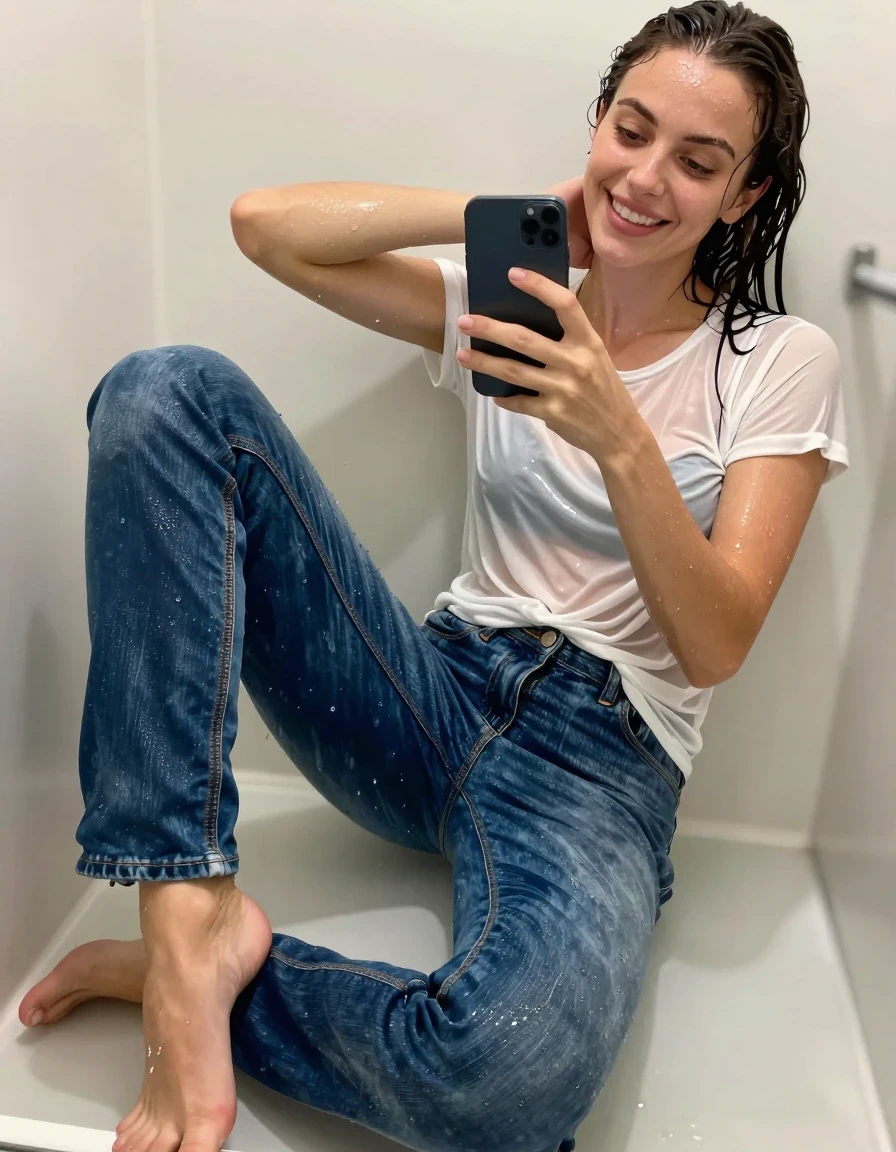 A realistic vertical smartphone selfie, high-angle POV looking down at a young European woman with long dark-brown hair inside a shower. She is barefoot, wearing a thin white cotton tee that is soaking wet, translucent, and clinging to her skin, and soaking-wet dark denim jeans, water-saturated heavyweight denim, blue changed to deep navy and indigo, substantially darker unevenly soaked patches, absorbed water, heavy wet folds, visible weave and stitching, and strong glossy specular reflections on the raised weave, seams, and creases. She is holding the phone with one hand while her other hand traces down from her neck, looking directly into the lens with a joyful expression, face clearly visible at a mild three-quarter angle. Her skin and hair are drenched, glistening with water sheen. High-quality fashion photography, bright bathroom lighting, water droplets and heavy moisture throughout, realistic skin texture, sharp focus on face and wet clothing, cinematic composition.