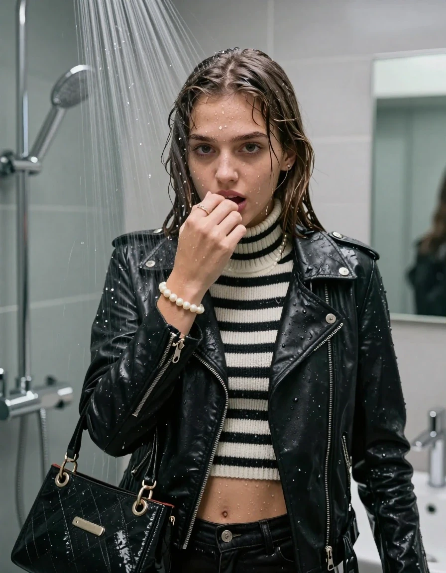 photo of young woman, in soaking wet, drenched clothes,
, , black biker leatherjacket,Striped knit turtleneck sweater belly free, handbag, pearl necklace, bracelet, wristwatch, Under the shower, strong jet of water, modern mirrored bathroom, 
enjoying, wet clothes stuck to body,
detailed textures of the wet clothes, wet face, wet plastered hair,
wet, drenched, professional, high-quality details, full body view.
sharp focus, ultra-high pixel detail, realistic, high-quality, full colors, incredibly detailed, 4k, 8k, 16k, hyper-realistic, RAW photo, masterpiece, ultra-detailed, professionally color graded, professional photograph, Sleek long bob with bangs

15 years old  teenage girl

Only head and shoulders are over the surface visible. Open mouth. Looking at camera. Hold her hand over her mouth.

she is completely underwater up to her neck, shy and awkward.

her submerged clothes are hardly vusible under water, she soaked her handbag into the water

close up view, wet skin, wet clothes, wet hair, damp fabric, water runs down the clothes, wet skin, wet clothes, damp fabric., wet skin, wet clothes, damp fabric