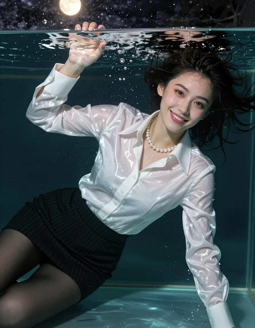 photo of young woman, in soaking wet, drenched clothes,
very shiny white satin dress shirt with a bigger, high, white collar with a high upright collar stand and long white French cuffs, , 
enjoying, wet clothes stuck to body,
detailed textures of the wet clothes, wet face, wet plastered hair,
wet, drenched, professional, high-quality details, full body view.
sharp focus, ultra-high pixel detail, realistic, high-quality, full colors, incredibly detailed, 4k, 8k, 16k, hyper-realistic, RAW photo, masterpiece, ultra-detailed, professionally color graded, professional photograph, create a realistic closeup photo that depicts a stylized and professional high fashion photo shoot. Here is a detailed description: Subject: The main subject is a submerged, smiling beautiful 27-year-old actress with a suntanned complexion. She exudes a classy aura and looks into the camera. Pose and Setting: The woman is lying horizontally on her front deep in the water of the big glass tank taking a underwater dip so her ear hits the water level. The setting is during the night, with little moonlight casting a warm glow. Attire: Below the water surface she is wearing a combination of women's clothing, creating a unique and striking  messy look: A very shiny white satin dress shirt with a bigger, high, white collar with a high upright collar stand and long white French cuffs. A pearl necklace that adds a touch of elegance. A  black pinstripe pencil skirt.  Black tights. Effect: The clothes have become dunked, soaked, drenched and sticky by the water , emphasizing the style. Water sparkles in her shirt gap. Air bubbles are visible allover the water, enhancing the overall effect. Focus and Quality: The close-up photo is highly detailed, with a focus on the collar and the clothes shining from below the water surface. The image is photorealistic, with an 8k resolution, making it a high-quality masterpiece. Composition: The composition is well-balanced, with the subject centrally placed. The moonlight provides a soft, natural lighting that complements the subject's features., wet skin, wet clothes, damp fabric