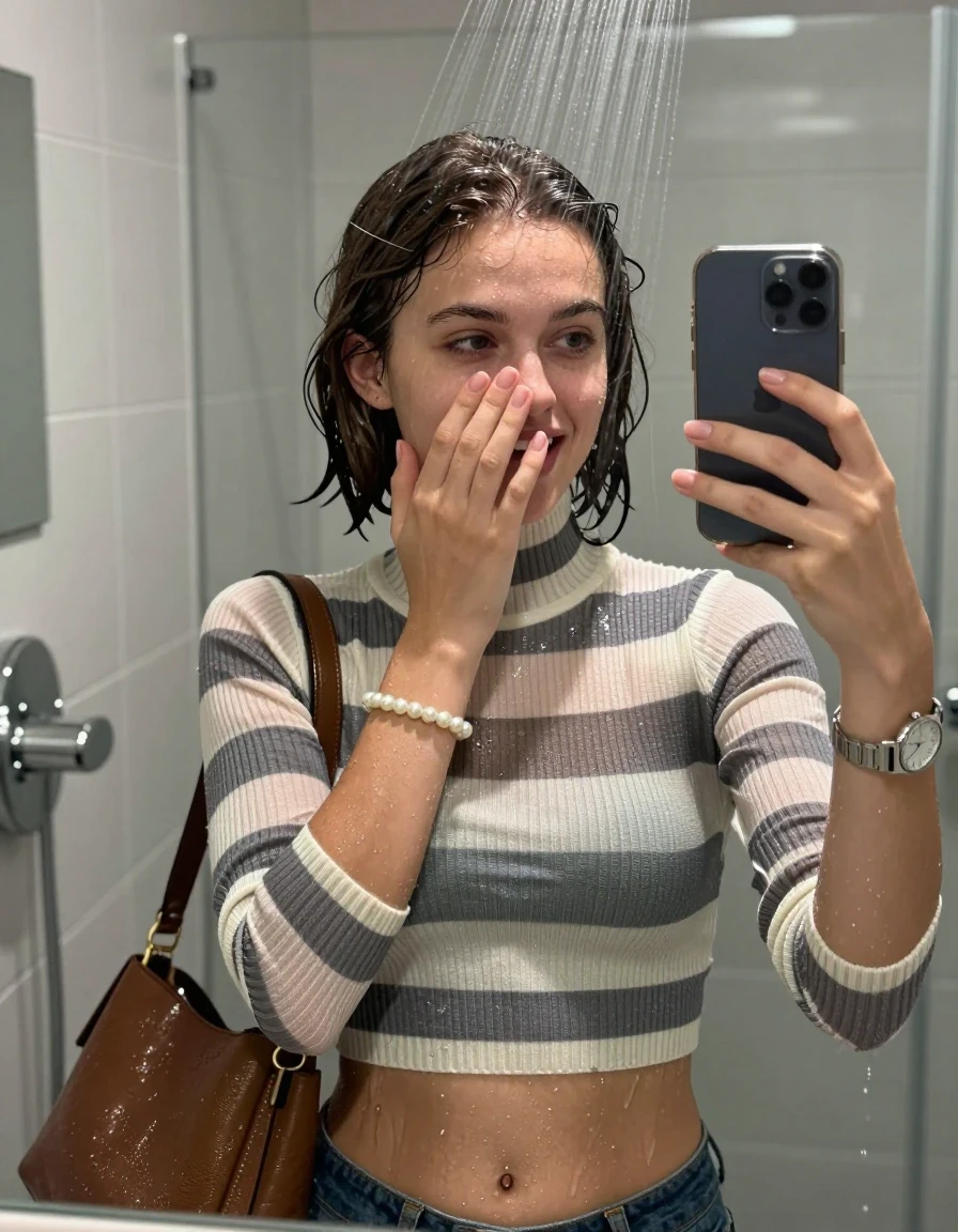 photo of young woman, in soaking wet, drenched clothes,
, ,  tight striped knit turtleneck sweater belly free, handbag, pearl necklace, bracelet, wristwatch, Under the shower, strong jet of water, modern mirrored bathroom, 
enjoying, wet clothes stuck to body,
detailed textures of the wet clothes, wet face, wet plastered hair,
wet, drenched, professional, high-quality details, full body view.
sharp focus, ultra-high pixel detail, realistic, high-quality, full colors, incredibly detailed, 4k, 8k, 16k, hyper-realistic, RAW photo, masterpiece, ultra-detailed, professionally color graded, professional photograph, Blunt bob with bangs

15 years old  teenage girl

Only head and shoulders are over the surface visible. Open mouth. Looking slightly at camera. Cover her mouth and nose with a hand. Take a Selfie with her Smartphone.

she is completely underwater up to her neck, shy and awkward but she giggles anyways.

her submerged clothes are hardly vusible under water, she soaked her handbag into the water

close up view, wet skin, wet clothes, wet hair, damp fabric, water runs down the clothes, wet skin, wet clothes, damp fabric., wet skin, wet clothes, damp fabric, wet skin, wet clothes, damp fabric, wet skin, wet clothes, damp fabric, wet skin, wet clothes, damp fabric, wet skin, wet clothes, damp fabric