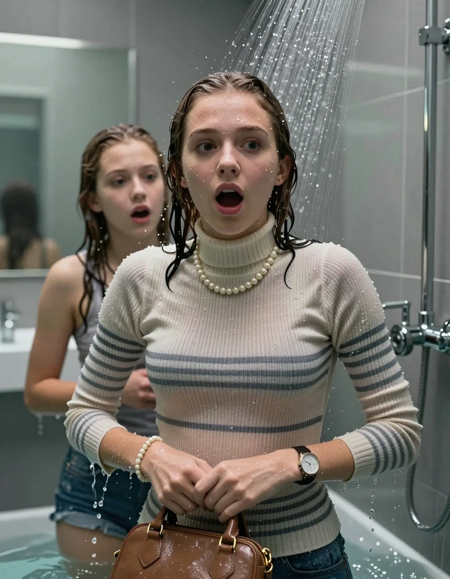 photo of young woman, in soaking wet, drenched clothes,
, , Tight Striped knit turtleneck sweater belly free, handbag, pearl necklace, bracelet, wristwatch, Under the shower, strong jet of water, modern mirrored bathroom, 
enjoying, wet clothes stuck to body,
detailed textures of the wet clothes, wet face, wet plastered hair,
wet, drenched, professional, high-quality details, full body view.
sharp focus, ultra-high pixel detail, realistic, high-quality, full colors, incredibly detailed, 4k, 8k, 16k, hyper-realistic, RAW photo, masterpiece, ultra-detailed, professionally color graded, professional photograph, Collarbone bob

Two 15 years old  teenage girl

Only head and shoulders are over the surface visible. Open mouth, clothed eyes. Looking at camera. 

she is completely underwater up to her neck, afraid and astonished expression. Masturbates to orgasm.

her submerged clothes are hardly vusible under water, she soaked her handbag into the water

close up view, wet skin, wet clothes, wet hair, damp fabric, water runs down the clothes, wet skin, wet clothes, damp fabric., wet skin, wet clothes, damp fabric, wet skin, wet clothes, damp fabric, wet skin, wet clothes, damp fabric, wet skin, wet clothes, damp fabric, wet skin, wet clothes, damp fabric, wet skin, wet clothes, damp fabric, wet skin, wet clothes, damp fabric
