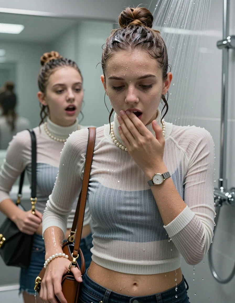 photo of young woman, in soaking wet, drenched clothes,
, , Tight Striped knit turtleneck sweater belly free, handbag, pearl necklace, bracelet, wristwatch, Under the shower, strong jet of water, modern mirrored bathroom, 
enjoying, wet clothes stuck to body,
detailed textures of the wet clothes, wet face, wet plastered hair,
wet, drenched, professional, high-quality details, full body view.
sharp focus, ultra-high pixel detail, realistic, high-quality, full colors, incredibly detailed, 4k, 8k, 16k, hyper-realistic, RAW photo, masterpiece, ultra-detailed, professionally color graded, professional photograph, Topknot

Two 15 years old  teenage girl

Only head and shoulders are over the surface visible. Open mouth, closed eyes. Looking down. Hold a hand on her mouth.

she is completely underwater up to her neck, afraid and astonished expression. 

her submerged clothes are hardly vusible under water, she soaked her handbag into the water

close up view, wet skin, wet clothes, wet hair, damp fabric, water runs down the clothes, wet skin, wet clothes, damp fabric., wet skin, wet clothes, damp fabric, wet skin, wet clothes, damp fabric, wet skin, wet clothes, damp fabric, wet skin, wet clothes, damp fabric, wet skin, wet clothes, damp fabric, wet skin, wet clothes, damp fabric, wet skin, wet clothes, damp fabric, wet skin, wet clothes, damp fabric