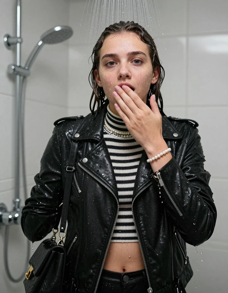 photo of young woman, in soaking wet, drenched clothes,
, , black biker leatherjacket,Striped knit turtleneck sweater belly free, handbag, pearl necklace, bracelet, wristwatch, Under the shower, strong jet of water, modern mirrored bathroom, 
enjoying, wet clothes stuck to body,
detailed textures of the wet clothes, wet face, wet plastered hair,
wet, drenched, professional, high-quality details, full body view.
sharp focus, ultra-high pixel detail, realistic, high-quality, full colors, incredibly detailed, 4k, 8k, 16k, hyper-realistic, RAW photo, masterpiece, ultra-detailed, professionally color graded, professional photograph, Collarbone bob

15 years old  teenage girl

Only head and shoulders are over the surface visible. Open mouth. Looking at camera. Hold her hand over her mouth.

she is completely underwater up to her neck, afraid and astonished.

her submerged clothes are hardly vusible under water, she soaked her handbag into the water

close up view, wet skin, wet clothes, wet hair, damp fabric, water runs down the clothes, wet skin, wet clothes, damp fabric., wet skin, wet clothes, damp fabric