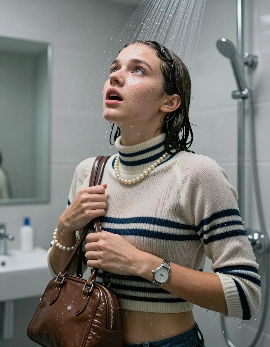 photo of young woman, in soaking wet, drenched clothes,
, , Striped knit turtleneck sweater belly free, handbag, pearl necklace, bracelet, wristwatch, Under the shower, strong jet of water, modern mirrored bathroom, 
enjoying, wet clothes stuck to body,
detailed textures of the wet clothes, wet face, wet plastered hair,
wet, drenched, professional, high-quality details, full body view.
sharp focus, ultra-high pixel detail, realistic, high-quality, full colors, incredibly detailed, 4k, 8k, 16k, hyper-realistic, RAW photo, masterpiece, ultra-detailed, professionally color graded, professional photograph, Colarbone bob

15 years old  teenage girl

Only head and shoulders are over the surface visible. Open mouth, closed eyes. Looking up. 

she is completely underwater up to her neck, afraid and astonished expression. 

her submerged clothes are hardly vusible under water, she soaked her handbag into the water

close up view, wet skin, wet clothes, wet hair, damp fabric, water runs down the clothes, wet skin, wet clothes, damp fabric., wet skin, wet clothes, damp fabric, wet skin, wet clothes, damp fabric, wet skin, wet clothes, damp fabric, wet skin, wet clothes, damp fabric, wet skin, wet clothes, damp fabric, wet skin, wet clothes, damp fabric