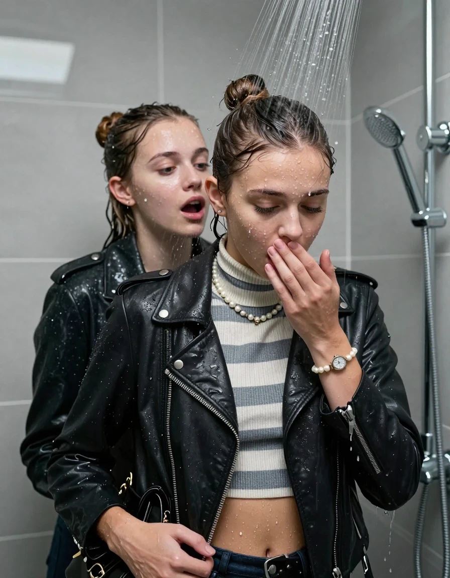 photo of young woman, in soaking wet, drenched clothes,
, , Biker leatherjacket, Tight Striped knit turtleneck sweater belly free, handbag, pearl necklace, bracelet, wristwatch, Under the shower, strong jet of water, modern mirrored bathroom, 
enjoying, wet clothes stuck to body,
detailed textures of the wet clothes, wet face, wet plastered hair,
wet, drenched, professional, high-quality details, full body view.
sharp focus, ultra-high pixel detail, realistic, high-quality, full colors, incredibly detailed, 4k, 8k, 16k, hyper-realistic, RAW photo, masterpiece, ultra-detailed, professionally color graded, professional photograph, Topknot

Two 15 years old  teenage girl

Only head and shoulders are over the surface visible. Open mouth, closed eyes. Looking down. Hold a hand on her mouth.

she is completely underwater up to her neck, afraid and astonished expression. 

her submerged clothes are hardly vusible under water, she soaked her handbag into the water

close up view, wet skin, wet clothes, wet hair, damp fabric, water runs down the clothes, wet skin, wet clothes, damp fabric., wet skin, wet clothes, damp fabric, wet skin, wet clothes, damp fabric, wet skin, wet clothes, damp fabric, wet skin, wet clothes, damp fabric, wet skin, wet clothes, damp fabric, wet skin, wet clothes, damp fabric, wet skin, wet clothes, damp fabric, wet skin, wet clothes, damp fabric