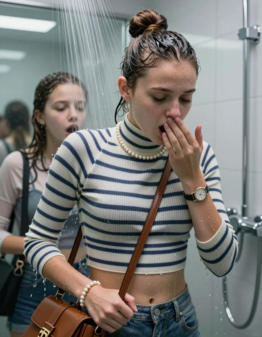 photo of young woman, in soaking wet, drenched clothes,
, , Tight Striped knit turtleneck sweater belly free, handbag, pearl necklace, bracelet, wristwatch, Under the shower, strong jet of water, modern mirrored bathroom, 
enjoying, wet clothes stuck to body,
detailed textures of the wet clothes, wet face, wet plastered hair,
wet, drenched, professional, high-quality details, full body view.
sharp focus, ultra-high pixel detail, realistic, high-quality, full colors, incredibly detailed, 4k, 8k, 16k, hyper-realistic, RAW photo, masterpiece, ultra-detailed, professionally color graded, professional photograph, Topknot

Two 15 years old  teenage girl

Only head and shoulders are over the surface visible. Open mouth, closed eyes. Looking down. Hold a hand on her mouth.

she is completely underwater up to her neck, afraid and astonished expression. 

her submerged clothes are hardly vusible under water, she soaked her handbag into the water

close up view, wet skin, wet clothes, wet hair, damp fabric, water runs down the clothes, wet skin, wet clothes, damp fabric., wet skin, wet clothes, damp fabric, wet skin, wet clothes, damp fabric, wet skin, wet clothes, damp fabric, wet skin, wet clothes, damp fabric, wet skin, wet clothes, damp fabric, wet skin, wet clothes, damp fabric, wet skin, wet clothes, damp fabric, wet skin, wet clothes, damp fabric