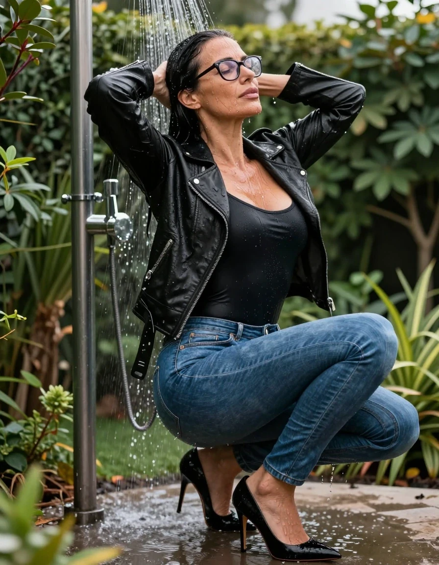 photo of young woman, in soaking wet, drenched clothes,
stlletto shoes, long blue leather jeans, black top, maxi black byker leather jacket, taking shower in sunny garden, enjoying wet clothes stuck body, enjoying, wet clothes stuck to body, 
enjoying, wet clothes stuck to body,
detailed textures of the wet clothes, wet face, wet plastered hair,
wet, drenched, professional, high-quality details, full body view.
sharp focus, ultra-high pixel detail, realistic, high-quality, full colors, incredibly detailed, 4k, 8k, 16k, hyper-realistic, RAW photo, masterpiece, ultra-detailed, professionally color graded, professional photograph, europen brunette skinny woman 50 years old, long dark black hair, very big and thick lips,  office glasses, complete body, wet skin, wet clothes, damp fabric, wet skin, wet clothes, damp fabric, wet skin, wet clothes, damp fabric, wet skin, wet clothes, damp fabric, wet skin, wet clothes, damp fabric