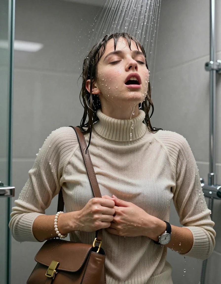 photo of young woman, in soaking wet, drenched clothes,
, ,  knit turtleneck sweater belly free, handbag, pearl necklace, bracelet, wristwatch, Under the shower, strong jet of water, modern mirrored bathroom, 
enjoying, wet clothes stuck to body,
detailed textures of the wet clothes, wet face, wet plastered hair,
wet, drenched, professional, high-quality details, full body view.
sharp focus, ultra-high pixel detail, realistic, high-quality, full colors, incredibly detailed, 4k, 8k, 16k, hyper-realistic, RAW photo, masterpiece, ultra-detailed, professionally color graded, professional photograph, Clavie cut with bangs

15 years old  teenage girl

Only head and shoulders are over the surface visible. Open mouth, closed eyes. Looking up. 

she is completely underwater up to her neck, afraid and astonished expression. 

her submerged clothes are hardly vusible under water, she soaked her handbag into the water

close up view, wet skin, wet clothes, wet hair, damp fabric, water runs down the clothes, wet skin, wet clothes, damp fabric., wet skin, wet clothes, damp fabric, wet skin, wet clothes, damp fabric, wet skin, wet clothes, damp fabric, wet skin, wet clothes, damp fabric, wet skin, wet clothes, damp fabric