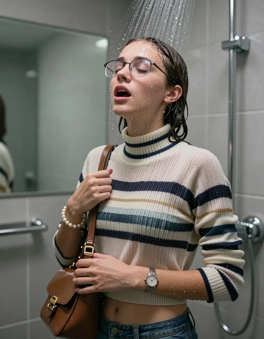 photo of young woman, in soaking wet, drenched clothes,
, , Striped knit turtleneck sweater belly free, handbag, pearl necklace, bracelet, wristwatch, glasses, Under the shower, strong jet of water, modern mirrored bathroom, 
enjoying, wet clothes stuck to body,
detailed textures of the wet clothes, wet face, wet plastered hair,
wet, drenched, professional, high-quality details, full body view.
sharp focus, ultra-high pixel detail, realistic, high-quality, full colors, incredibly detailed, 4k, 8k, 16k, hyper-realistic, RAW photo, masterpiece, ultra-detailed, professionally color graded, professional photograph, Colarbone bob

15 years old  teenage girl

Only head and shoulders are over the surface visible. Open mouth, closed eyes. Looking up. 

she is completely underwater up to her neck, afraid and astonished expression. 

her submerged clothes are hardly vusible under water, she soaked her handbag into the water

close up view, wet skin, wet clothes, wet hair, damp fabric, water runs down the clothes, wet skin, wet clothes, damp fabric., wet skin, wet clothes, damp fabric, wet skin, wet clothes, damp fabric, wet skin, wet clothes, damp fabric, wet skin, wet clothes, damp fabric, wet skin, wet clothes, damp fabric, wet skin, wet clothes, damp fabric