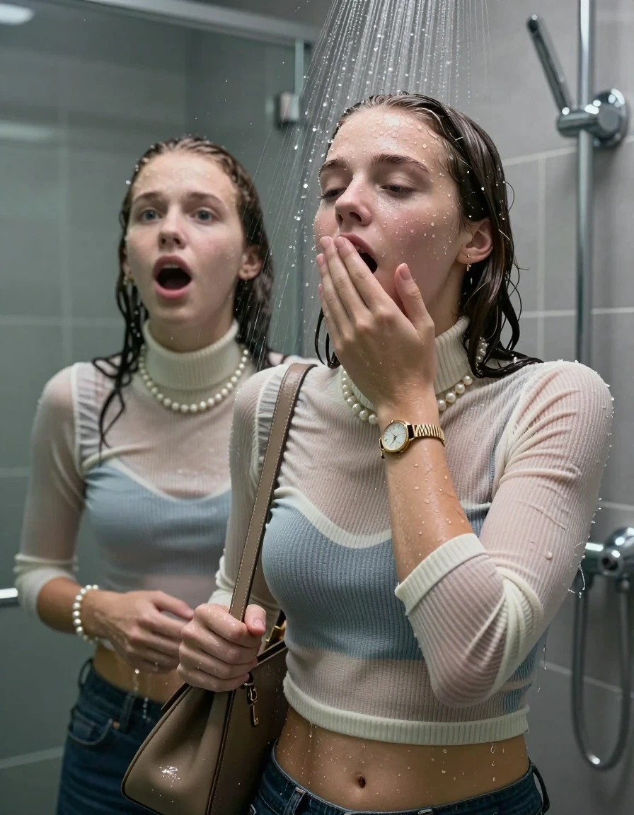 photo of young woman, in soaking wet, drenched clothes,
, , Tight Striped knit turtleneck sweater belly free, handbag, pearl necklace, bracelet, wristwatch, Under the shower, strong jet of water, modern mirrored bathroom, 
enjoying, wet clothes stuck to body,
detailed textures of the wet clothes, wet face, wet plastered hair,
wet, drenched, professional, high-quality details, full body view.
sharp focus, ultra-high pixel detail, realistic, high-quality, full colors, incredibly detailed, 4k, 8k, 16k, hyper-realistic, RAW photo, masterpiece, ultra-detailed, professionally color graded, professional photograph, Collarbone bob

Two 15 years old  teenage girl

Only head and shoulders are over the surface visible. Open mouth, closed eyes. Looking up. Hold a hand on her mouth.

she is completely underwater up to her neck, afraid and astonished expression. 

her submerged clothes are hardly vusible under water, she soaked her handbag into the water

close up view, wet skin, wet clothes, wet hair, damp fabric, water runs down the clothes, wet skin, wet clothes, damp fabric., wet skin, wet clothes, damp fabric, wet skin, wet clothes, damp fabric, wet skin, wet clothes, damp fabric, wet skin, wet clothes, damp fabric, wet skin, wet clothes, damp fabric, wet skin, wet clothes, damp fabric, wet skin, wet clothes, damp fabric