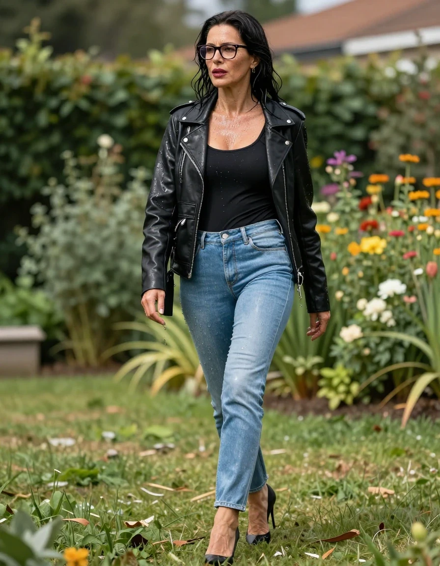 photo of young woman, in soaking wet, drenched clothes,
stlletto shoes, long light blue leather jeans, black top, maxi black byker leather jacket, walking in sunny garden, enjoying wet clothes stuck body, enjoying, wet clothes stuck to body, 
enjoying, wet clothes stuck to body,
detailed textures of the wet clothes, wet face, wet plastered hair,
wet, drenched, professional, high-quality details, full body view.
sharp focus, ultra-high pixel detail, realistic, high-quality, full colors, incredibly detailed, 4k, 8k, 16k, hyper-realistic, RAW photo, masterpiece, ultra-detailed, professionally color graded, professional photograph, europen brunette skinny woman 50 years old, long dark black hair, very big and thick lips,  office glasses, complete body, wet skin, wet clothes, damp fabric, wet skin, wet clothes, damp fabric, wet skin, wet clothes, damp fabric, wet skin, wet clothes, damp fabric, wet skin, wet clothes, damp fabric