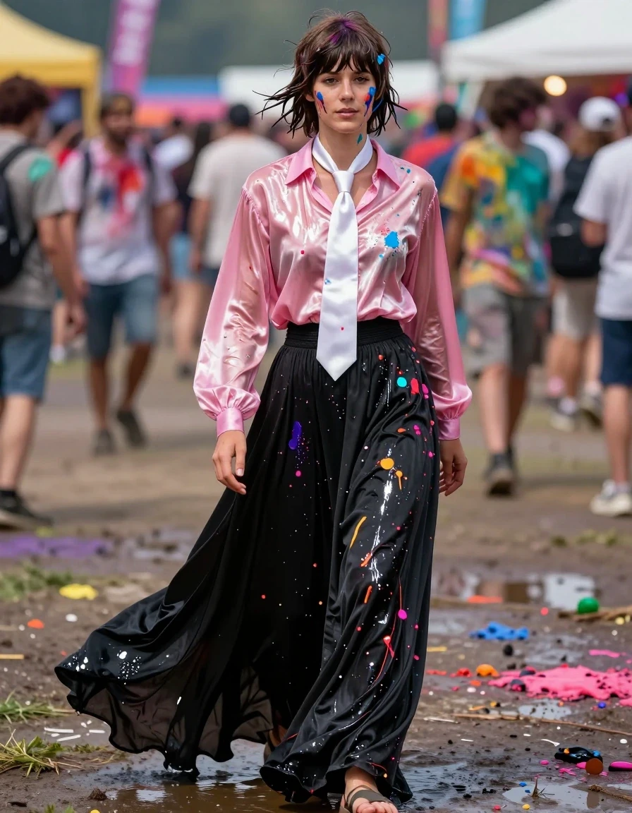 A photorealistic full-body shot of a young adult European woman with a Beatles-style haircut, standing in the middle of a vibrant summer festival. She is wearing an oversized pink long-sleeved satin blouse with a crisp silk white necktie and an excessively long floor-length black cotton skirt, paired with simple sandals. The woman and her clothing are completely drenched and covered in the colorful splatters of burst paint bombs, with vibrant pigments streaking her skin and soaking into the fabrics. The pink satin blouse is semi-sheer and clingy, showing deep wet patches and high-gloss specular highlights. The floor-length black cotton skirt is heavy with water, clinging to her legs and dragging slightly, with dark, saturated areas and fluid-soaked fabric weight. Her hair is matted and dripping, clinging to her forehead in the distinctive Beatles style. The atmosphere is humid, with glistening wet skin reflecting the festival lights. High-resolution, cinematic lighting, realistic fabric texture, water sheen, deep color saturation, sharp focus, 8k, professional photography.