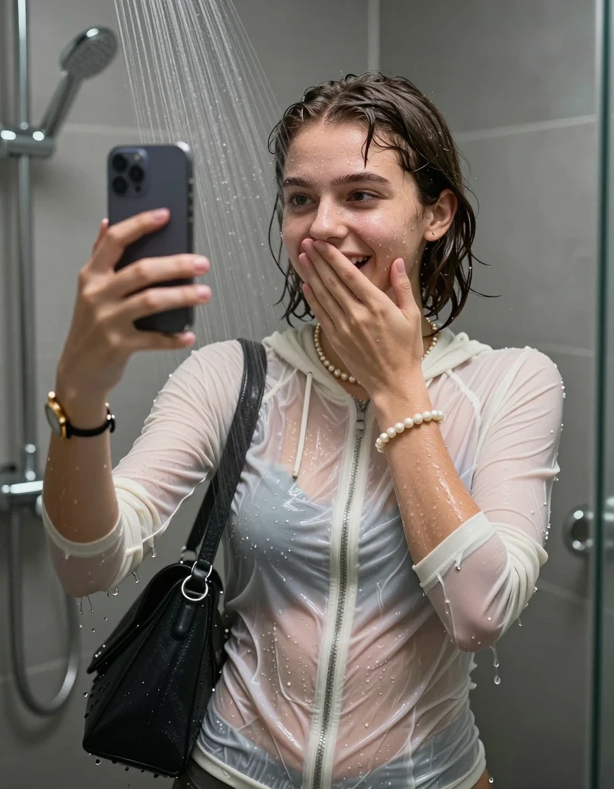 photo of young woman, in soaking wet, drenched clothes,
, ,  Tight Hoodie belly free, handbag, pearl necklace, bracelet, wristwatch, Under the shower, strong jet of water, modern mirrored bathroom, 
enjoying, wet clothes stuck to body,
detailed textures of the wet clothes, wet face, wet plastered hair,
wet, drenched, professional, high-quality details, full body view.
sharp focus, ultra-high pixel detail, realistic, high-quality, full colors, incredibly detailed, 4k, 8k, 16k, hyper-realistic, RAW photo, masterpiece, ultra-detailed, professionally color graded, professional photograph, Blunt bob with bangs

15 years old  teenage girl

Only head and shoulders are over the surface visible. Open mouth. Looking slightly at camera. Cover her mouth and nose with a hand. Take a Selfie with her Smartphone.

she is completely underwater up to her neck, shy and awkward but she giggles anyways.

her submerged clothes are hardly vusible under water, she soaked her handbag into the water

close up view, wet skin, wet clothes, wet hair, damp fabric, water runs down the clothes, wet skin, wet clothes, damp fabric., wet skin, wet clothes, damp fabric, wet skin, wet clothes, damp fabric, wet skin, wet clothes, damp fabric, wet skin, wet clothes, damp fabric, wet skin, wet clothes, damp fabric